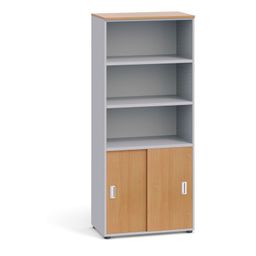 Kancelárska skriňa PRIMO, zasúvacie dvere na 2 poschodia, 800 x 420 x 1781 mm, sivá / buk