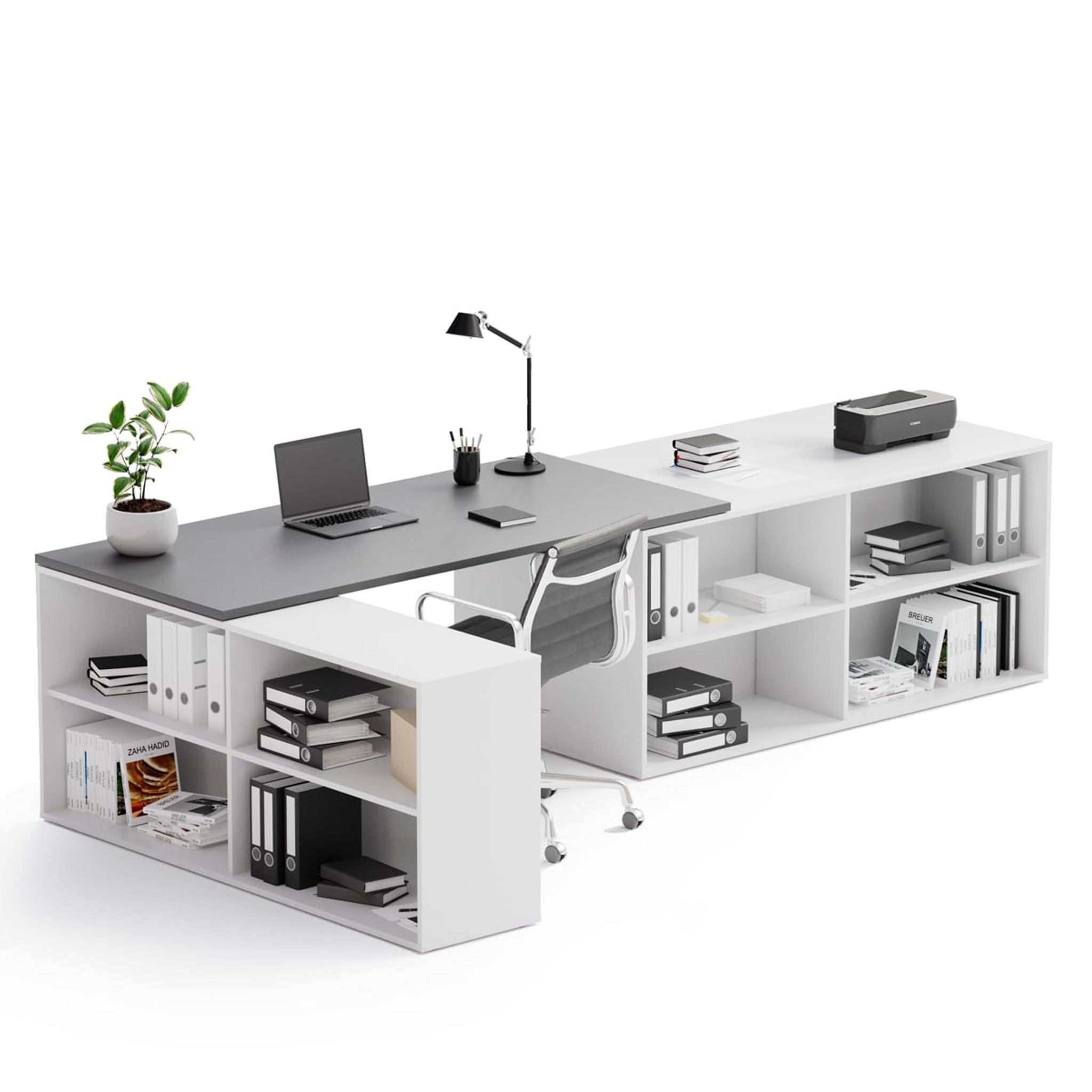 Kancelársky písací stôl s úložným priestorom BLOCK B02, biela/grafit
