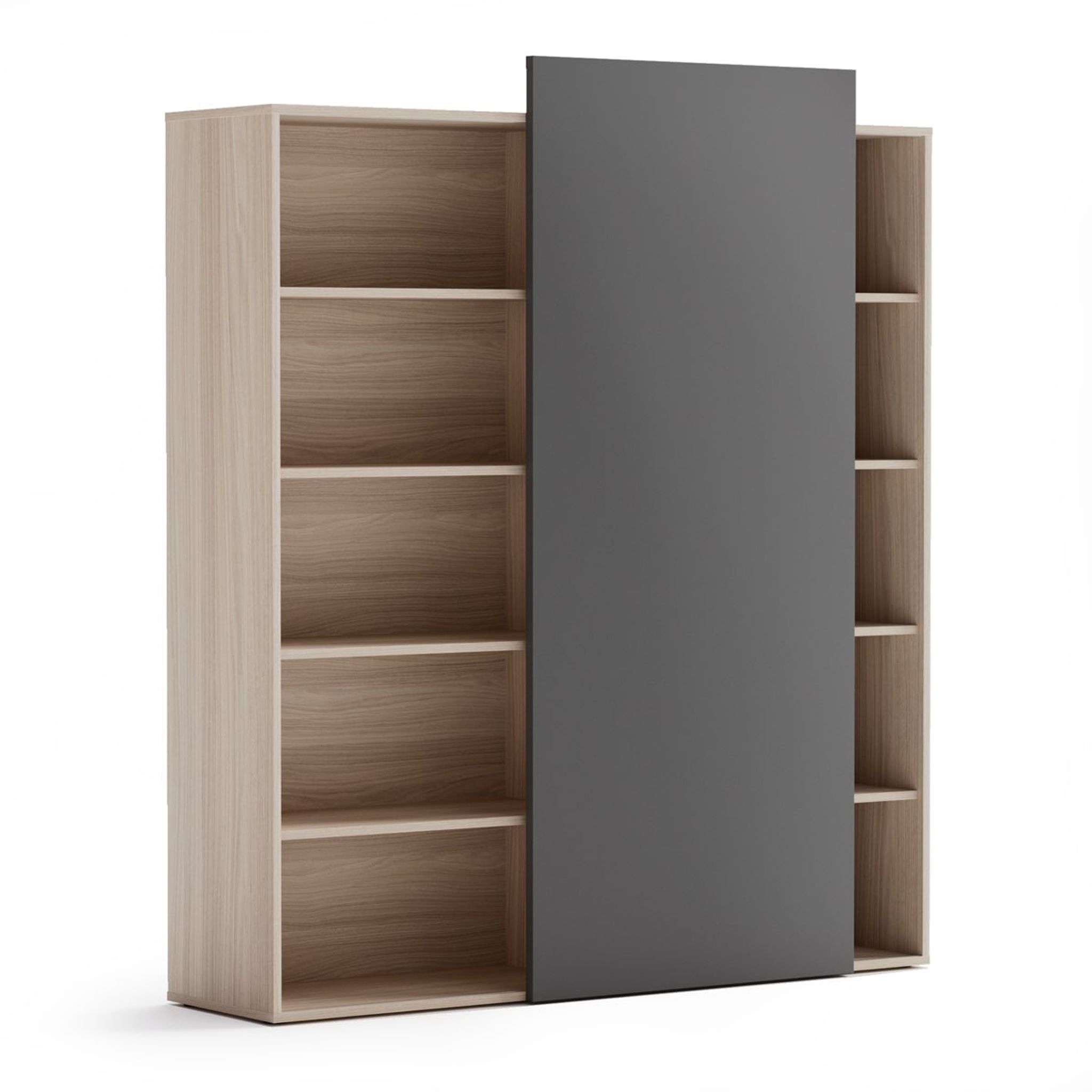 Kancelársky regál s posuvným panelom BLOCK, 1600 × 400 × 1748 mm, prírodný dub/grafitová
