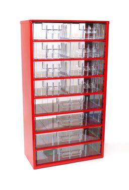 Kleinteilemagazin aus Metall, 12 Schubladen, rot