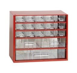 Kleinteilemagazin aus Metall, 18 Schubladen, rot