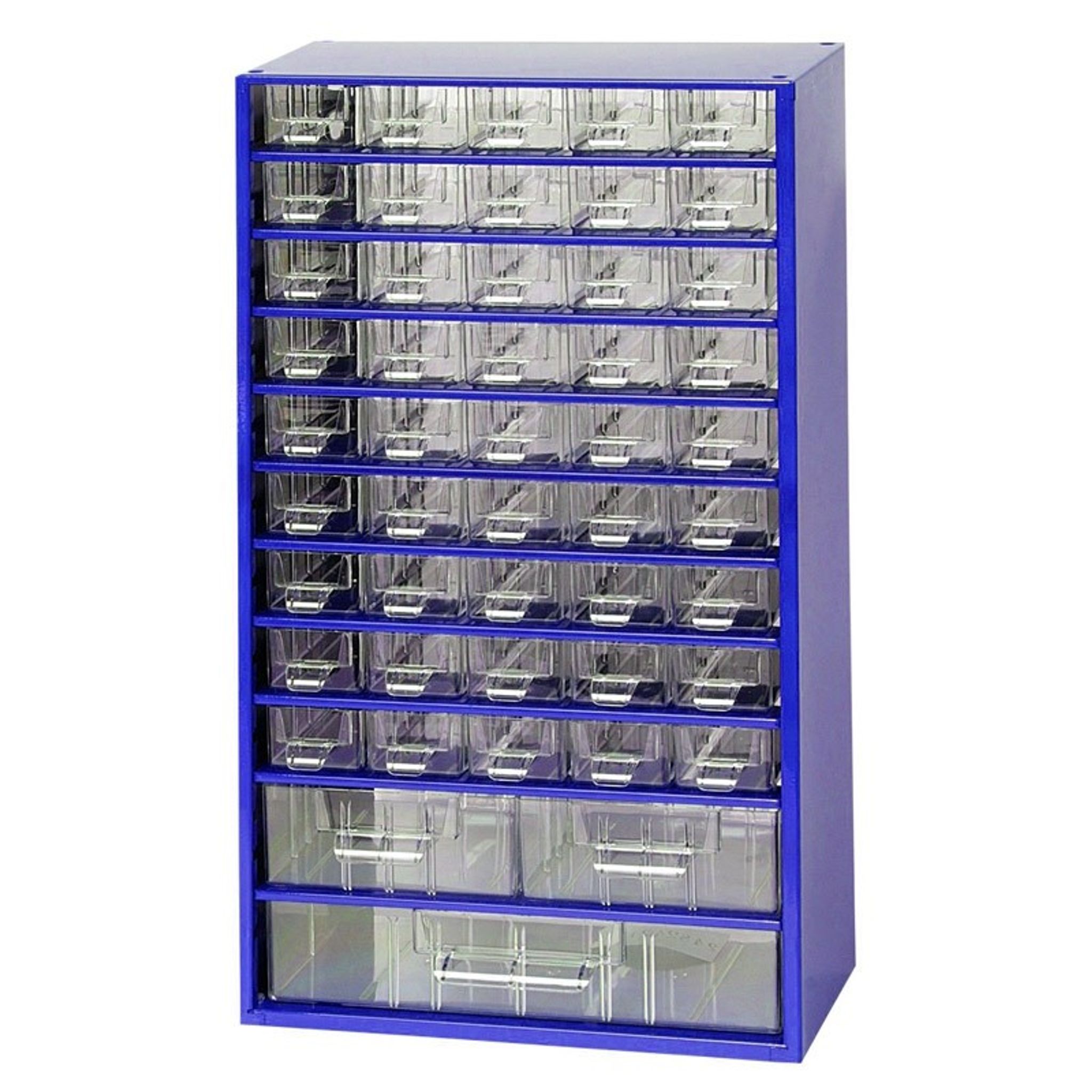 Kleinteilemagazin aus Metall, 306 x 155 x 552 mm, 45x S, 2x M, 1x L
