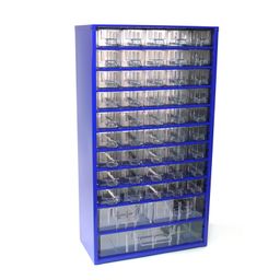 Kleinteilemagazin aus Metall, 48 Schubladen, blau