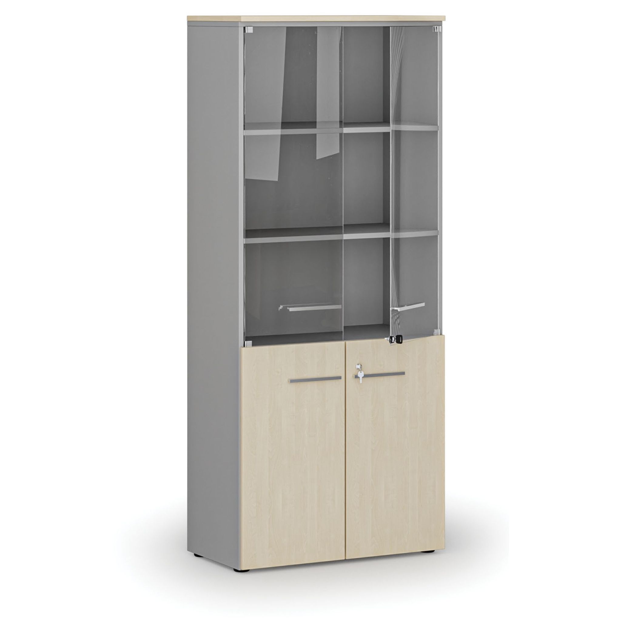 Kombi-Büroschrank PRIMO GRAY mit Holz- und Glastür, 800 x 420 x 1781 mm