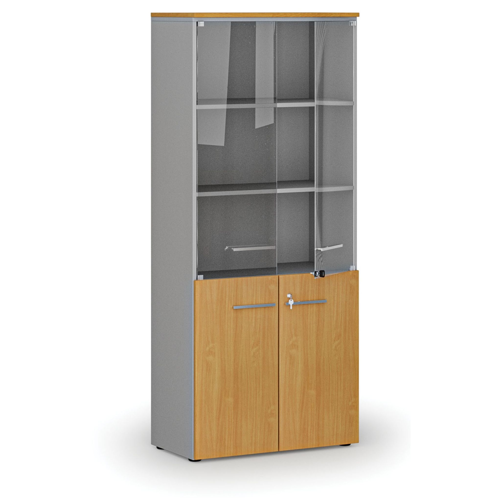 Kombi-Büroschrank PRIMO GRAY mit Holz- und Glastür, 800 x 420 x 1781 mm, grau/Buche