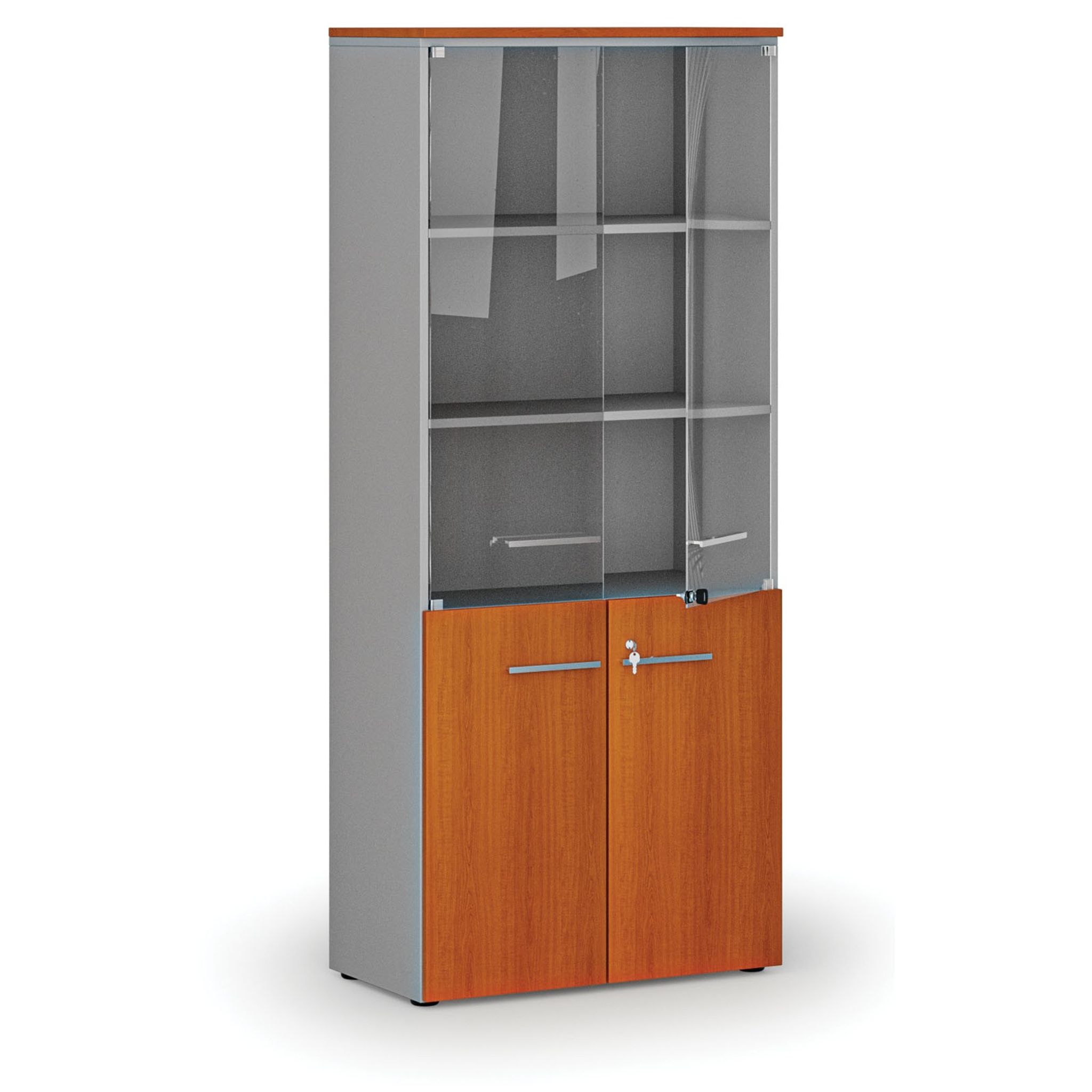 Kombi-Büroschrank PRIMO GRAY mit Holz- und Glastür, 800 x 420 x 1781 mm, grau/Kirsche