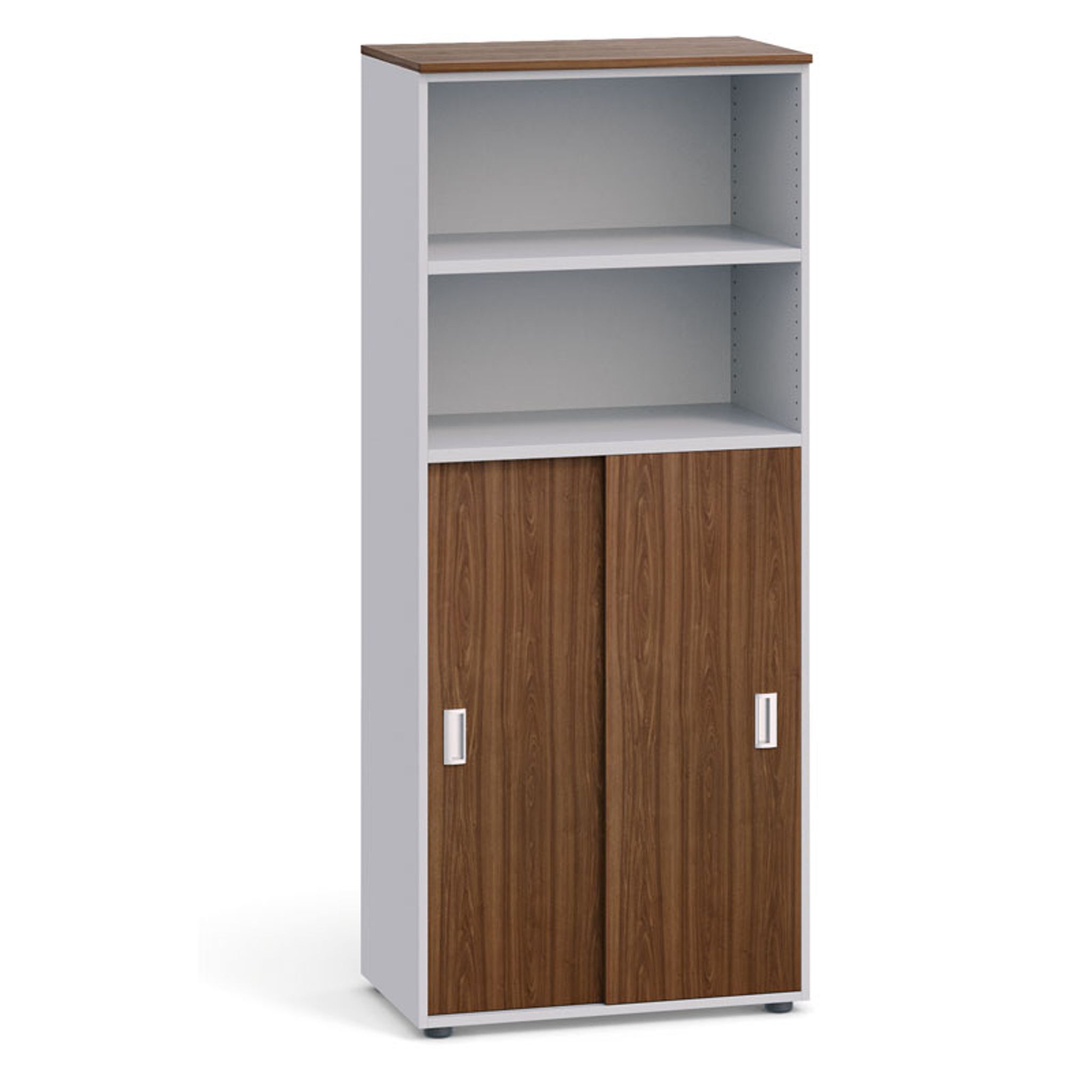 Kombi-Büroschrank PRIMO, zwei Schiebetüren für 3 Ebenen, 800 x 420 x 1781 mm, grau / Nussbaum