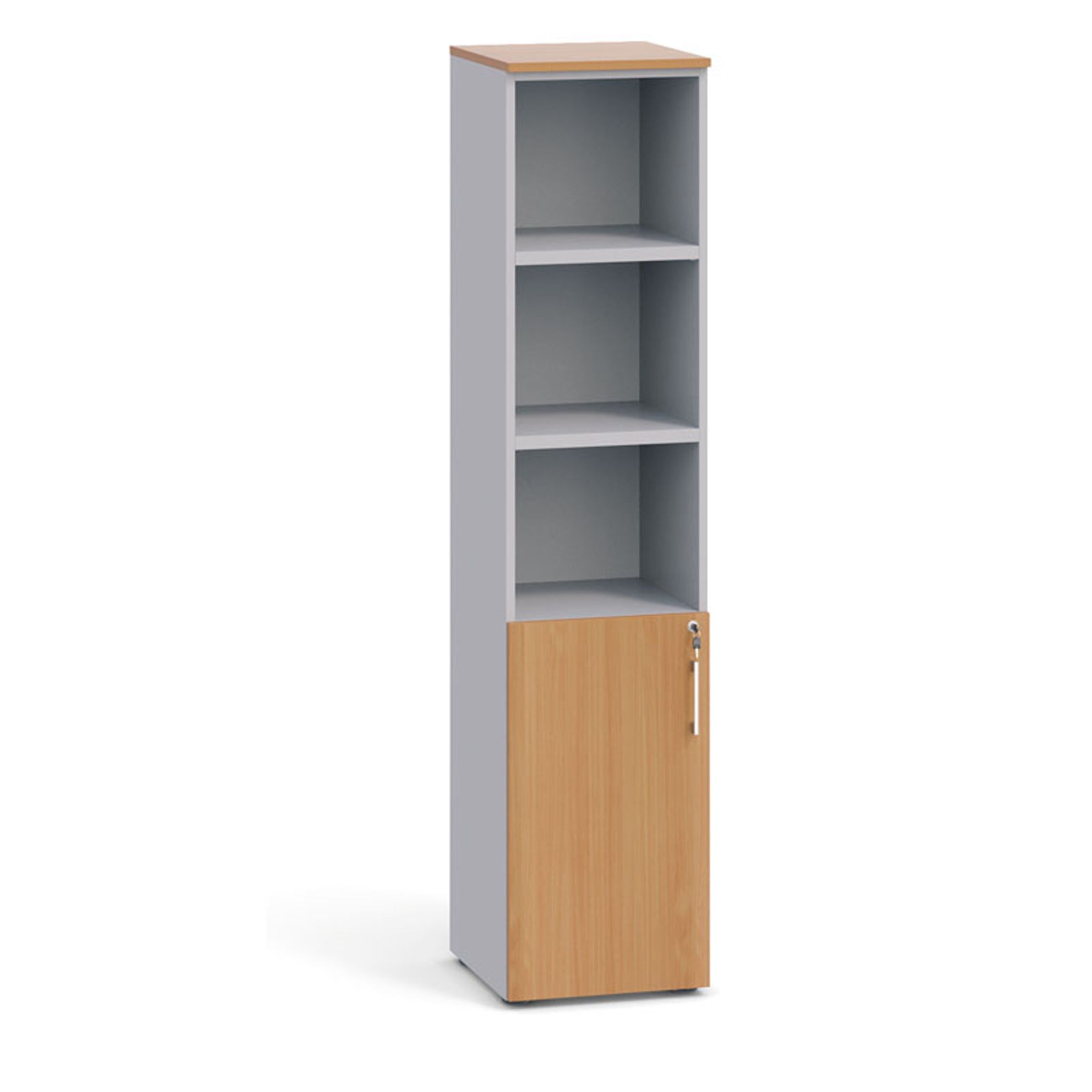 Kombinovaná kancelářská skříň PRIMO 2023, dveře na 2 patra, 1781 x 400 x 420 mm, šedá / buk