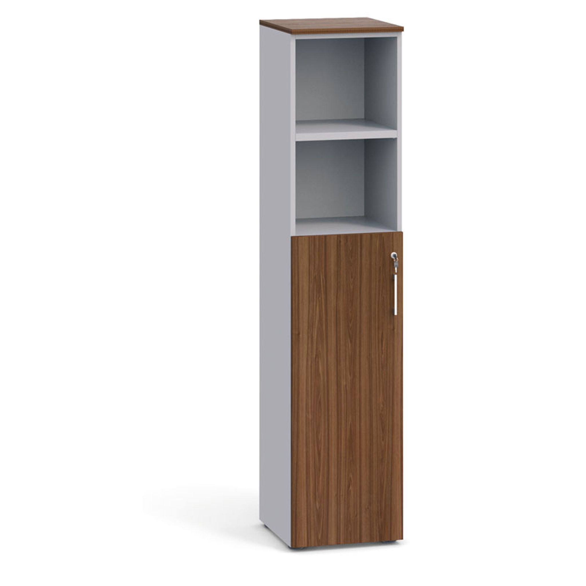Kombinovaná kancelářská skříň PRIMO 2023, dveře na 3 patra, 1781 x 400 x 420 mm, šedá / ořech