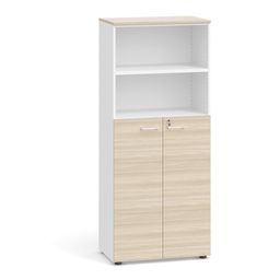 Kombinovaná kancelářská skříň PRIMO 2023, dveře na 3 patra, 800 x 420 x 1781 mm, bílá/dub přírodní