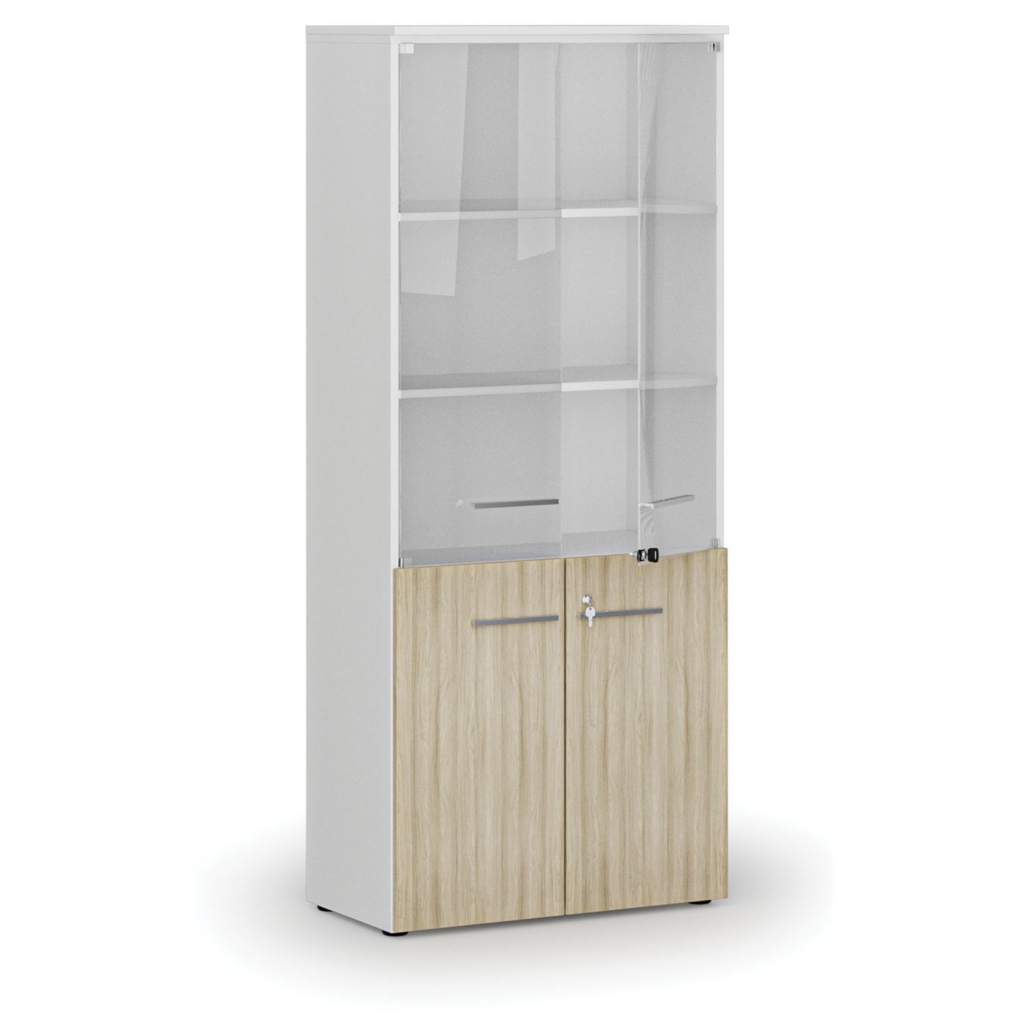 Kombinovaná kancelářská skříň PRIMO WHITE s dřevěnými a skleněnými dveřmi, 800 x 420 x 1781 mm, bílá/dub přírodní