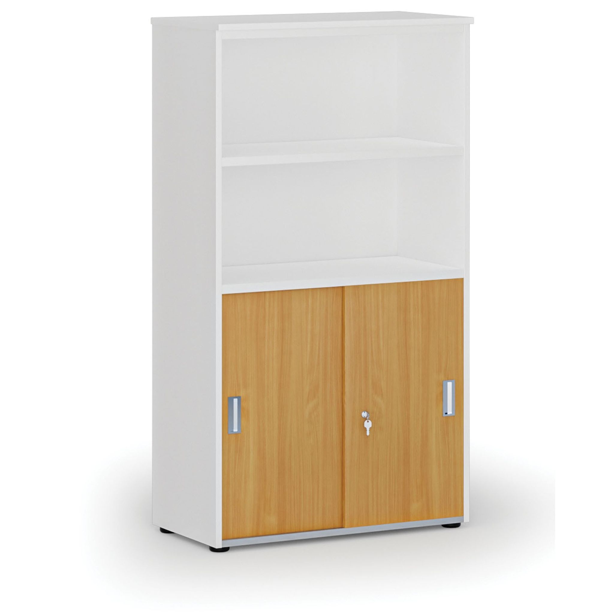 Kombinovaná kancelářská skříň PRIMO WHITE, zasouvací dveře na 2 patra, 800 x 420 x 1434 mm, bílá/buk