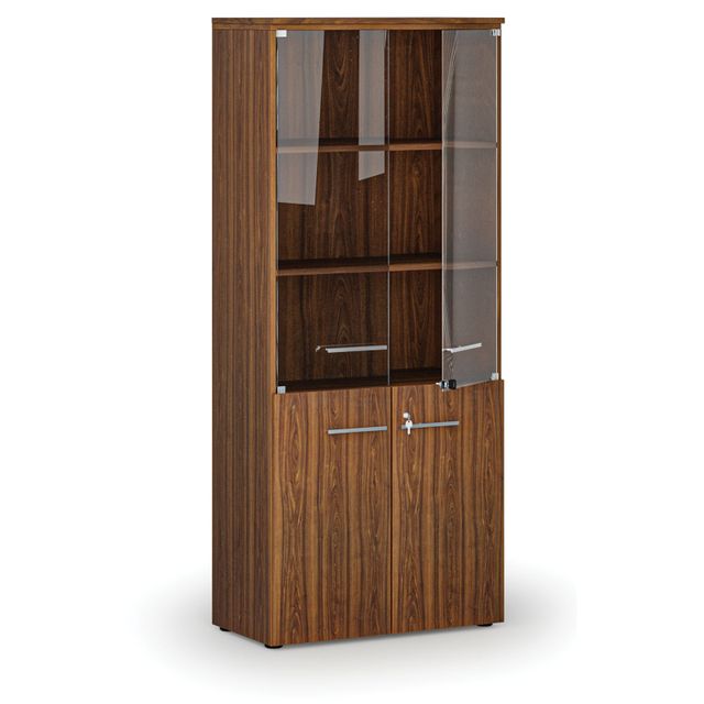Kombinovaná kancelářská skříň PRIMO WOOD s dřevěnými a skleněnými dveřmi, 1781 x 800 x 420 mm, ořech