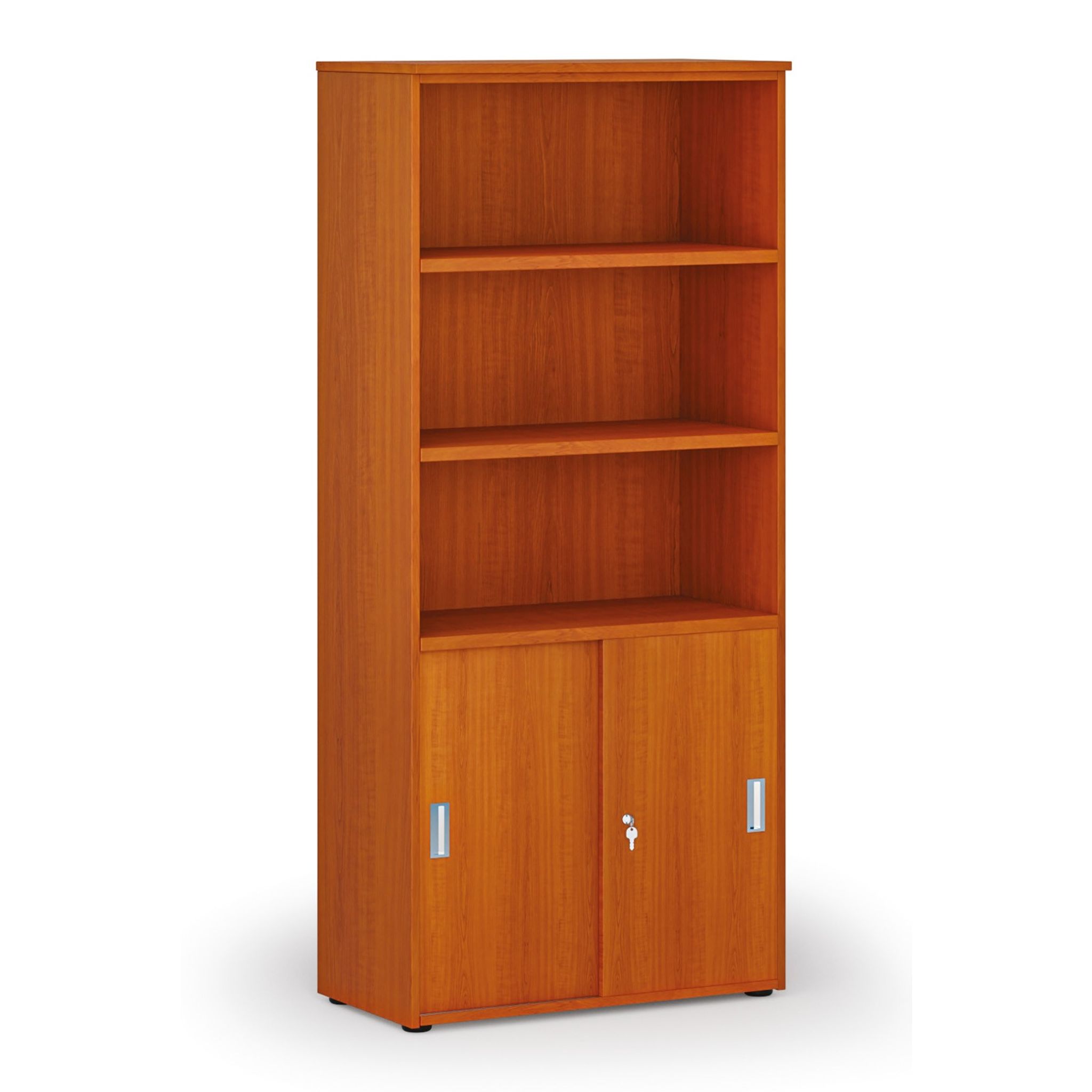 Kombinovaná kancelářská skříň PRIMO WOOD, zasouvací dveře na 2 patra, 800 x 420 x 1781 mm, třešeň