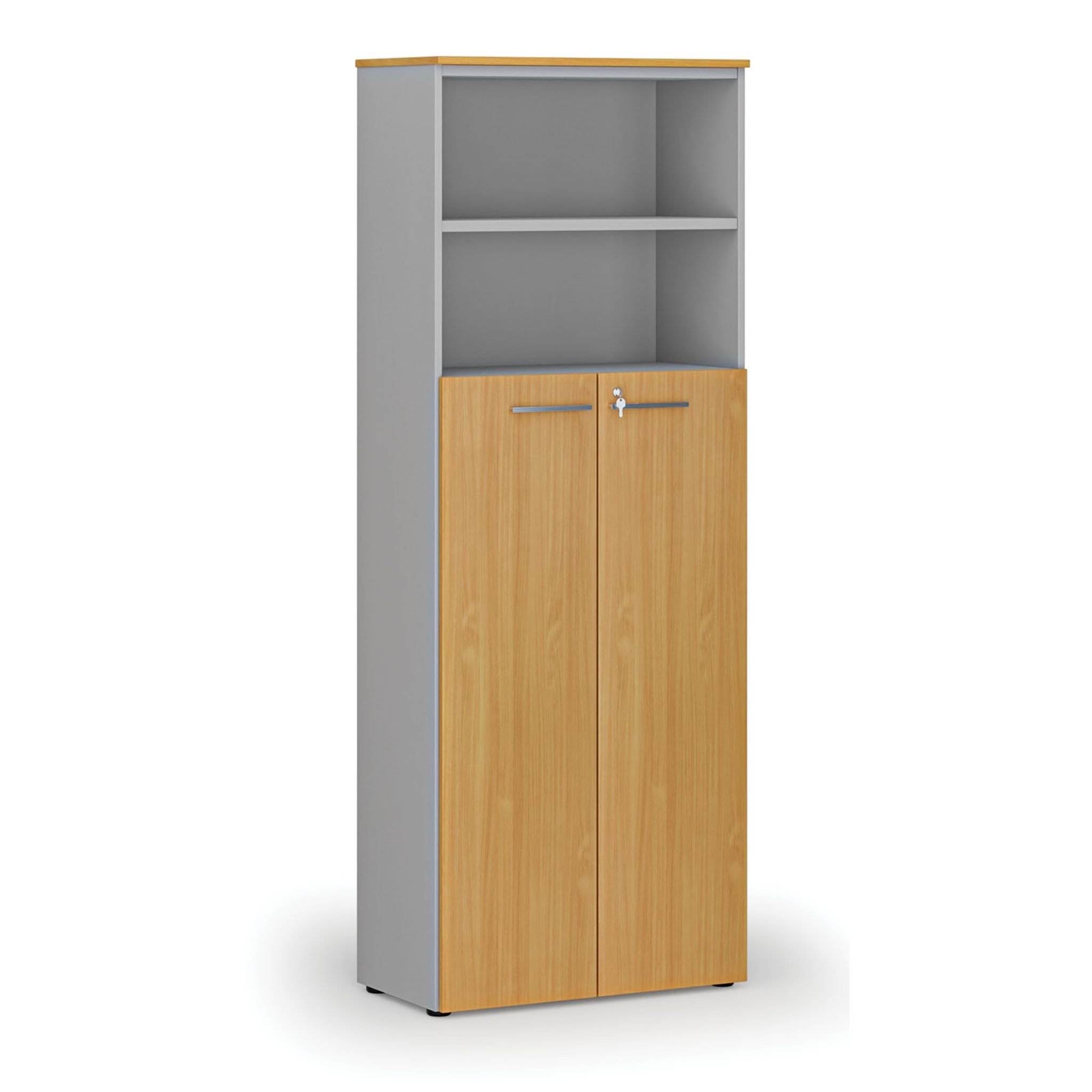 Kombinovaná kancelárska skriňa PRIMO GRAY, dvere na 4 poschodia, 800 x 420 x 2128 mm, sivá/buk