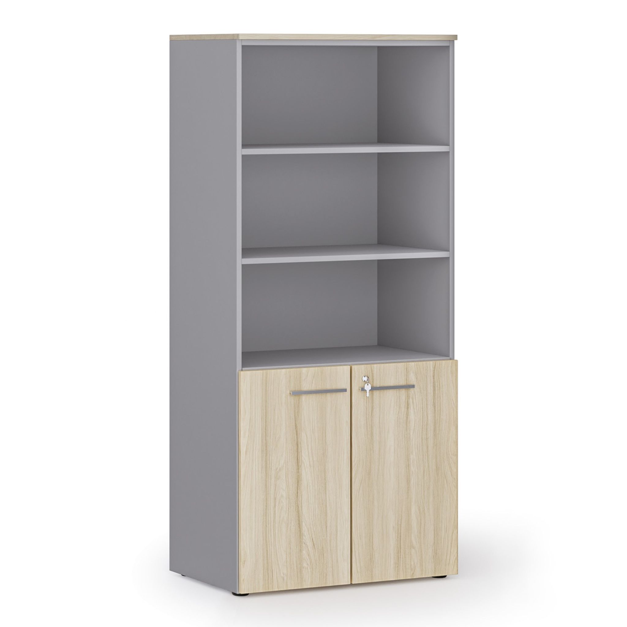 Kombinovaná kancelárska skriňa PRIMO GRAY, nízke dvere, 800 x 500 x 1781 mm, sivá/dub prírodný