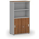 Kombinovaná kancelárska skriňa PRIMO GRAY, zasúvacie dvere na 2 poschodia, 1434 x 800 x 420 mm, sivá/orech