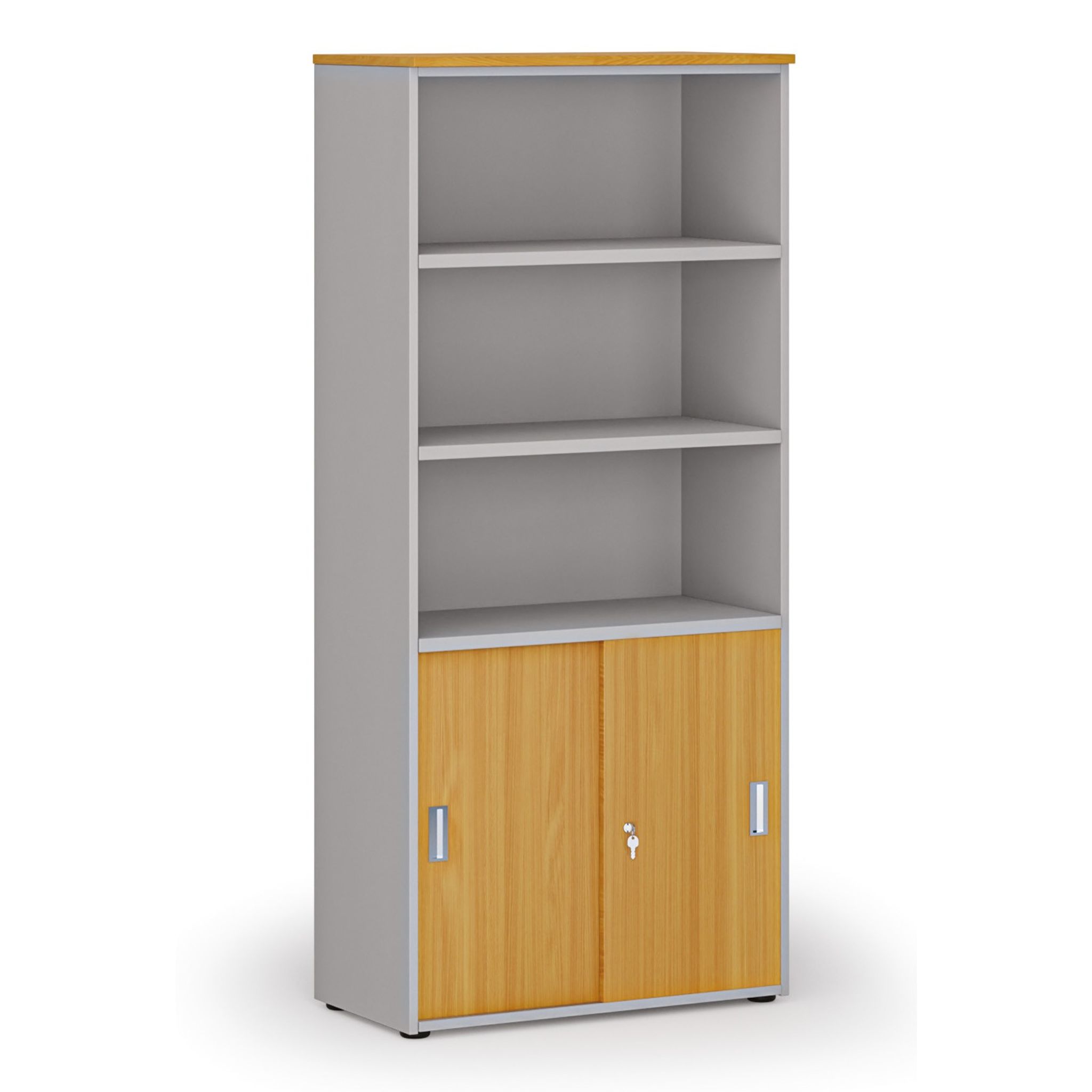 Kombinovaná kancelárska skriňa PRIMO GRAY, zasúvacie dvere na 2 poschodia, 800 x 420 x 1781 mm, sivá/buk