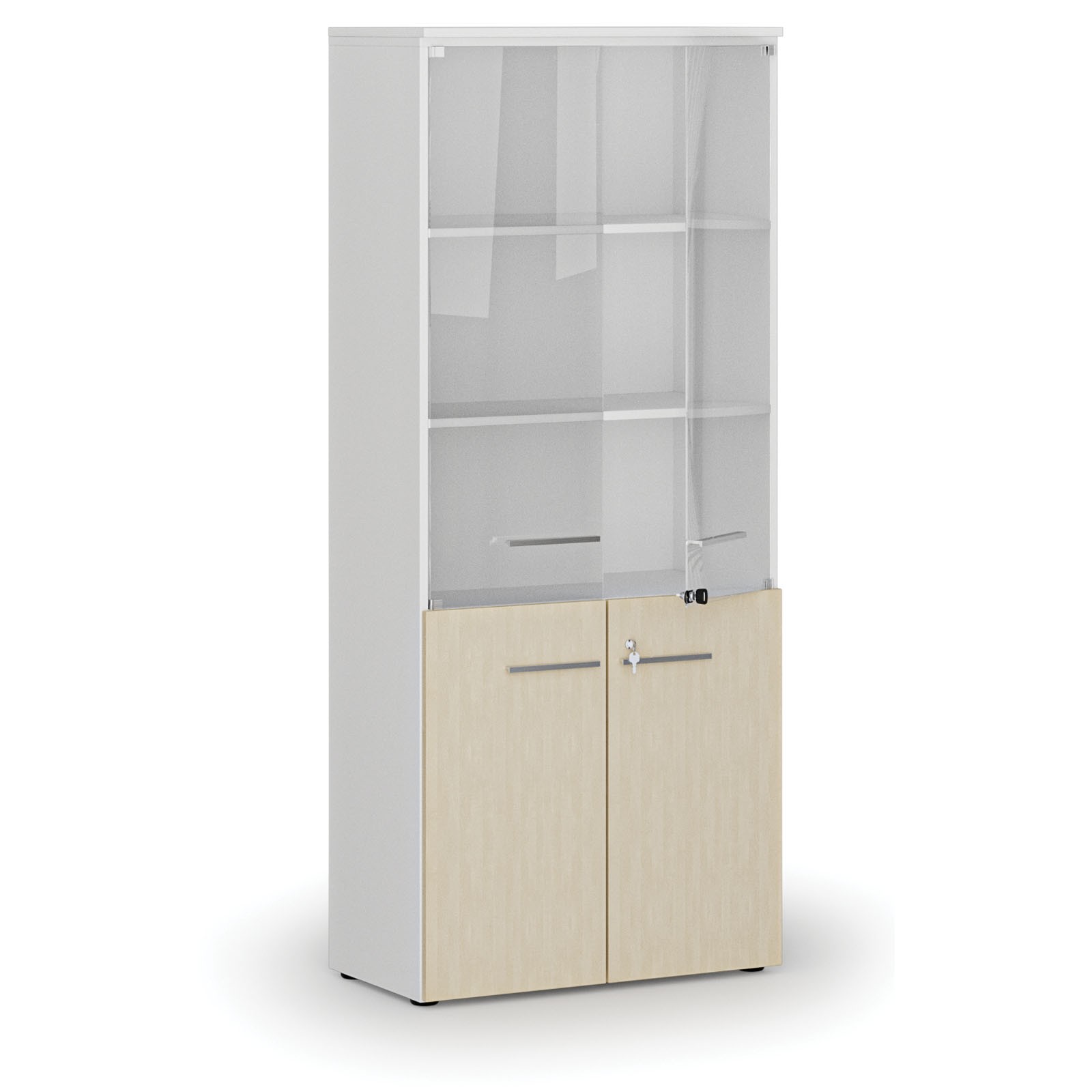Fotografia produktu: Kombinovaná kancelárska skriňa PRIMO WHITE s drevenými a sklenenými dverami, 800 x 420 x 1781 mm, biela/breza