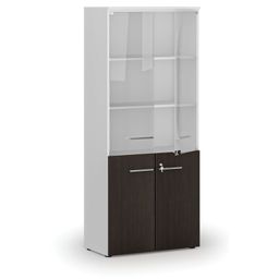 Kombinovaná kancelárska skriňa PRIMO WHITE s drevenými a sklenenými dverami, 800 x 420 x 1781 mm, biela/wenge
