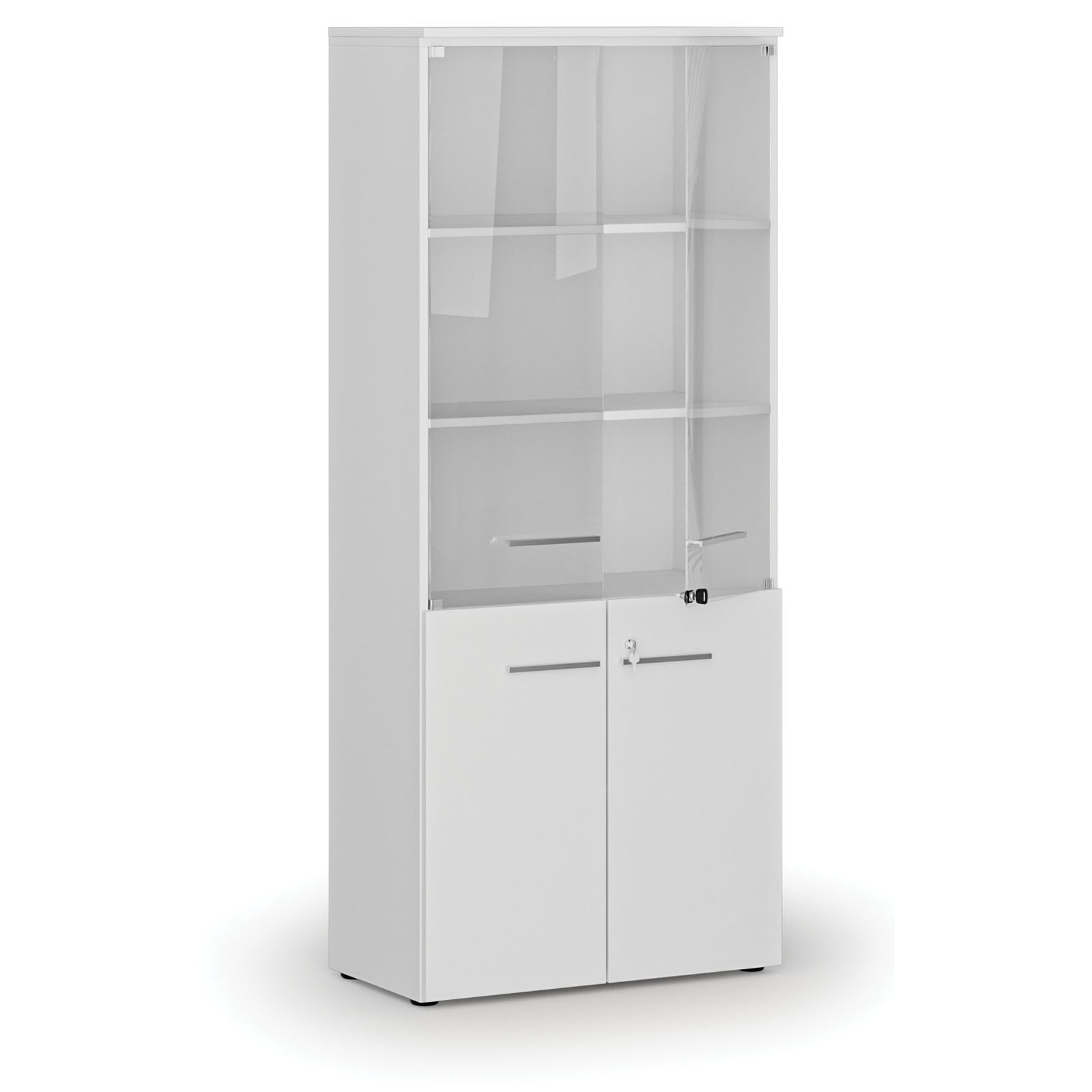 Fotografia produktu: Kombinovaná kancelárska skriňa PRIMO WHITE s drevenými a sklenenými dverami, 800 x 420 x 1781 mm, biela