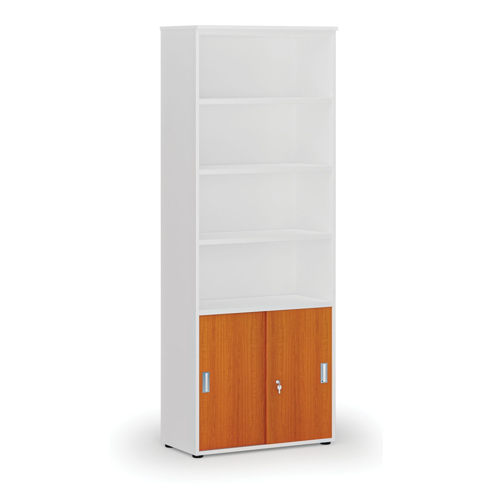 Kombinovaná kancelárska skriňa PRIMO WHITE, zasúvacie dvere na 2 poschodia, 2128 x 800 x 420 mm, biela/čerešňa