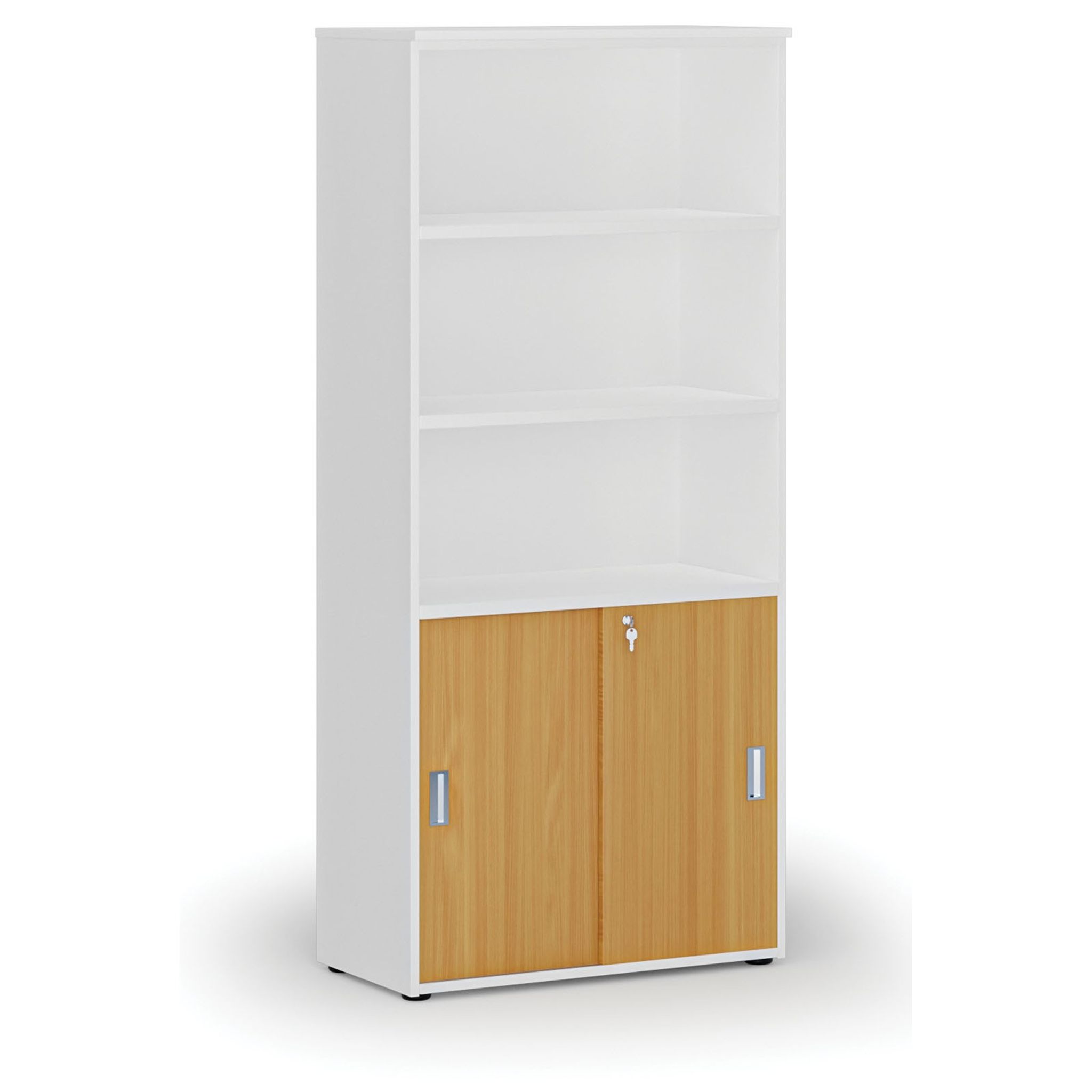 Kombinovaná kancelárska skriňa PRIMO WHITE, zasúvacie dvere na 2 poschodia, 800 x 420 x 1781 mm, biela/buk
