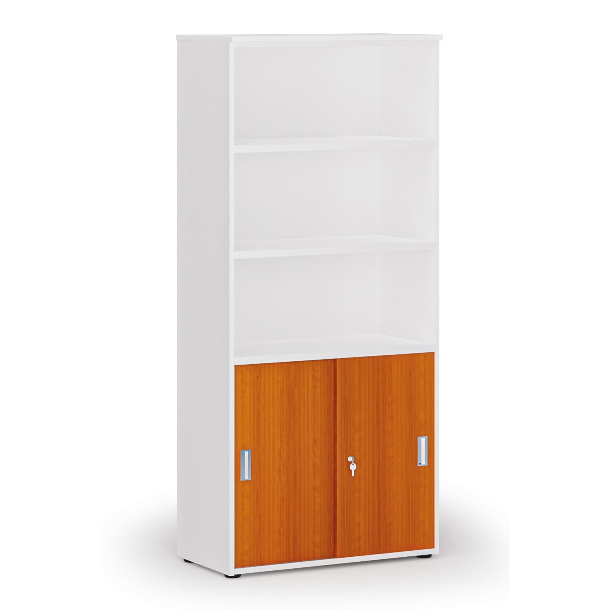 Kombinovaná kancelárska skriňa PRIMO WHITE, zasúvacie dvere na 2 poschodia, 800 x 420 x 1781 mm, biela/čerešňa