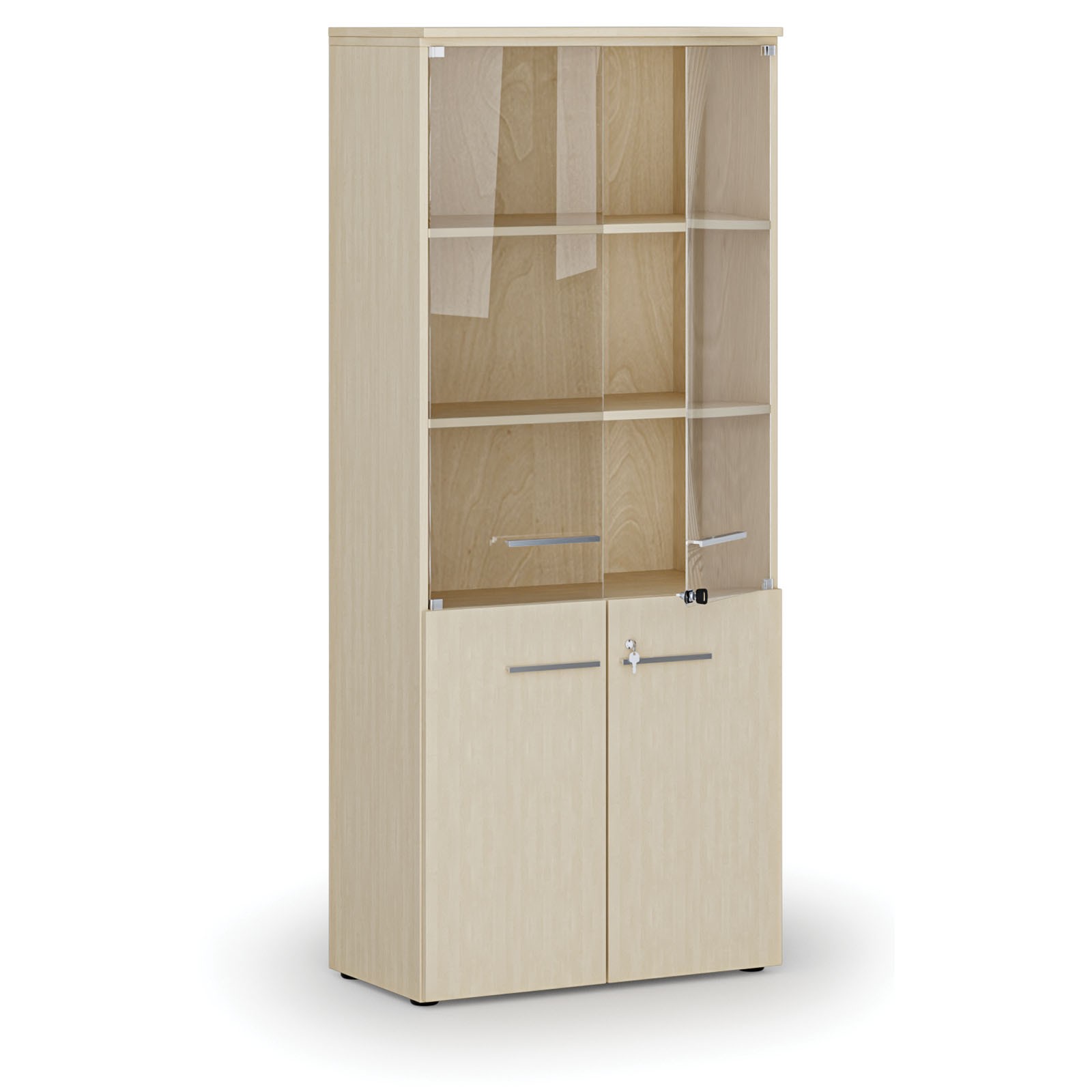 Fotografia produktu: Kombinovaná kancelárska skriňa PRIMO WOOD s drevenými a sklenenými dverami, 800 x 420 x 1781 mm, breza