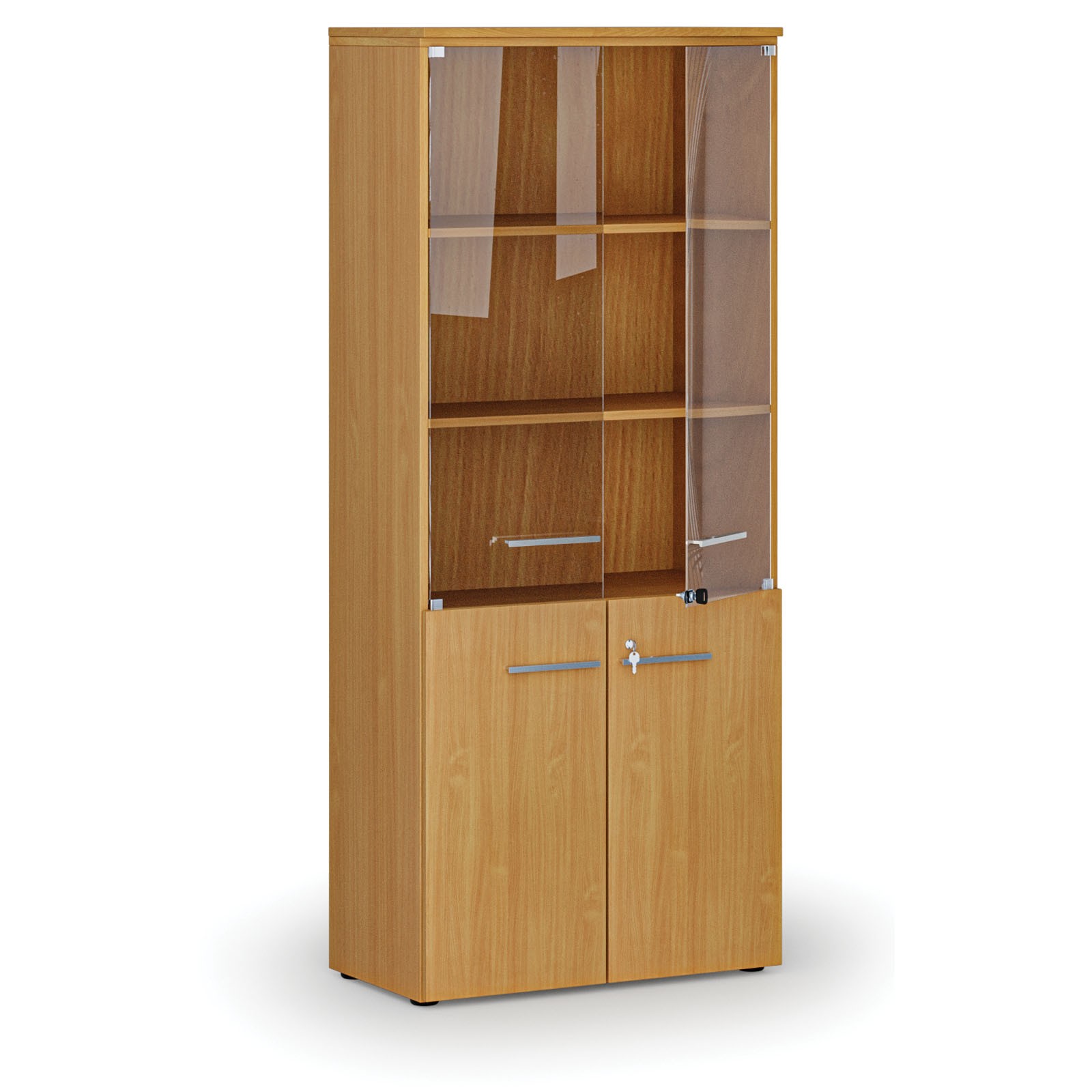 Fotografia produktu: Kombinovaná kancelárska skriňa PRIMO WOOD s drevenými a sklenenými dverami, 800 x 420 x 1781 mm, buk