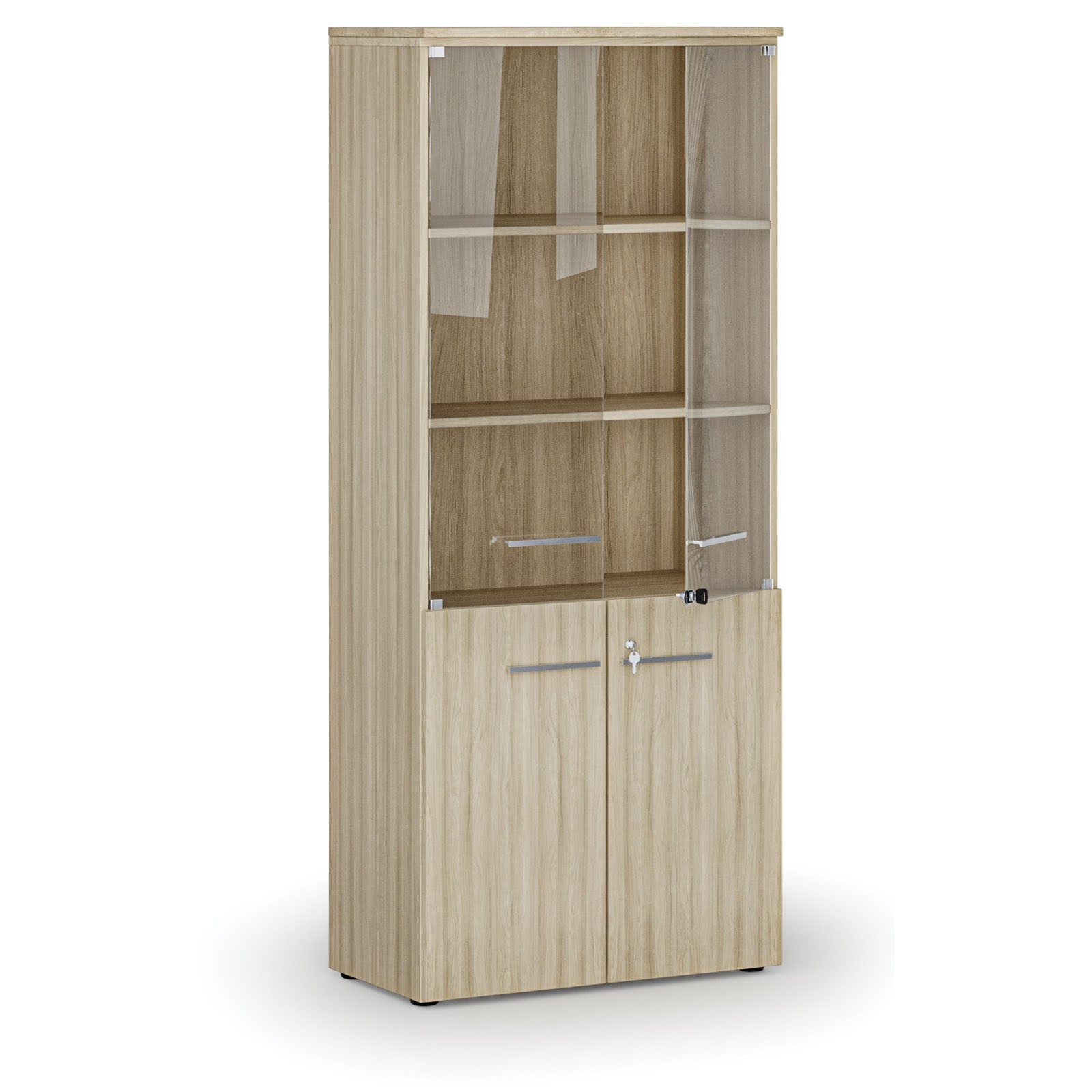 Fotografia produktu: Kombinovaná kancelárska skriňa PRIMO WOOD s drevenými a sklenenými dverami, 800 x 420 x 1781 mm, dub prírodný