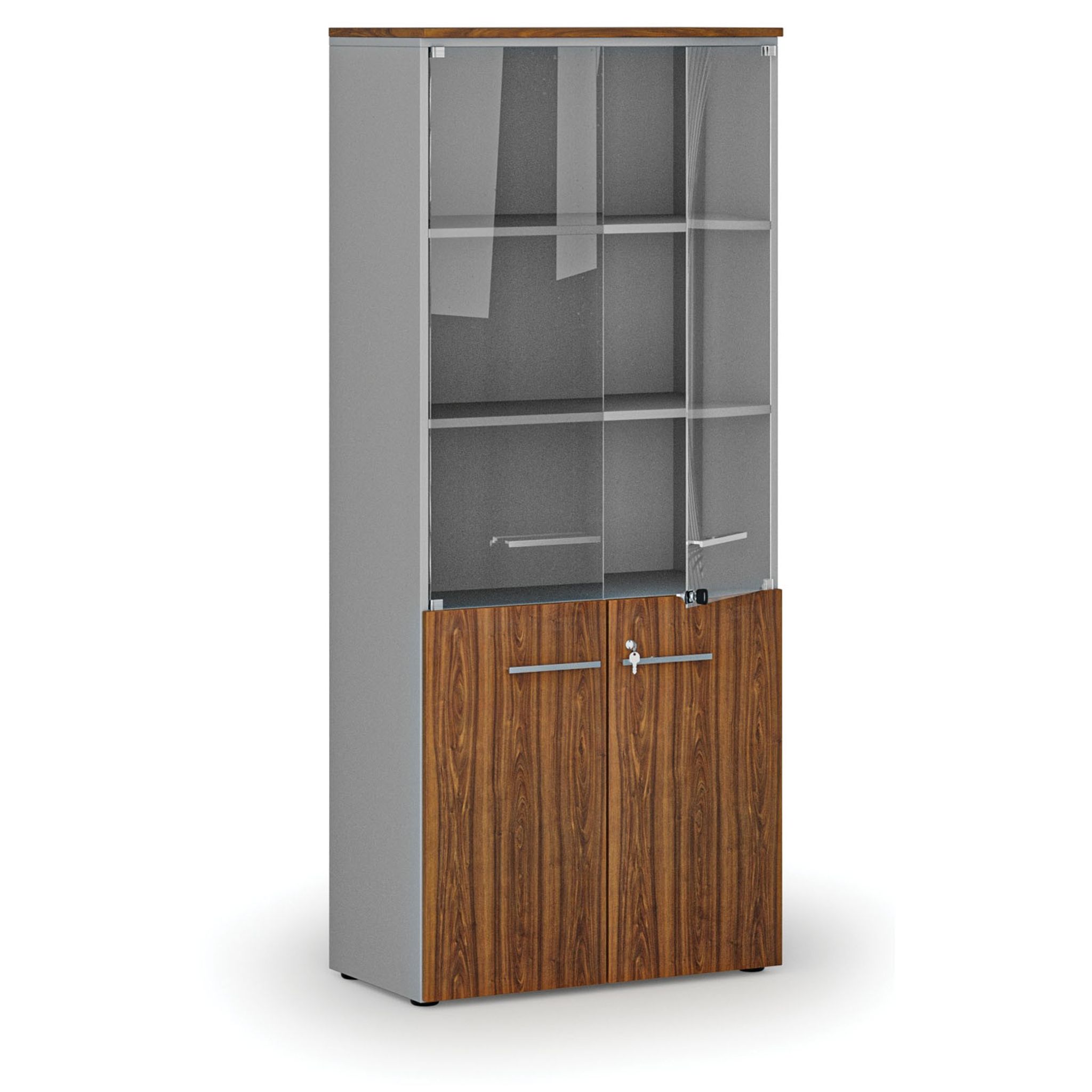 Kombischrank PRIMO GRAY mit Holz- und Glastür, 800 x 420 x 1781 mm, grau/Nussbaum