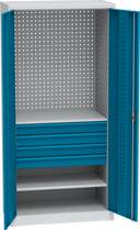 KOVOS Regal-Werkzeugschrank, 2 Fachböden, 4 Schubladen, gelocht, 950 x 500 x 1950 mm
