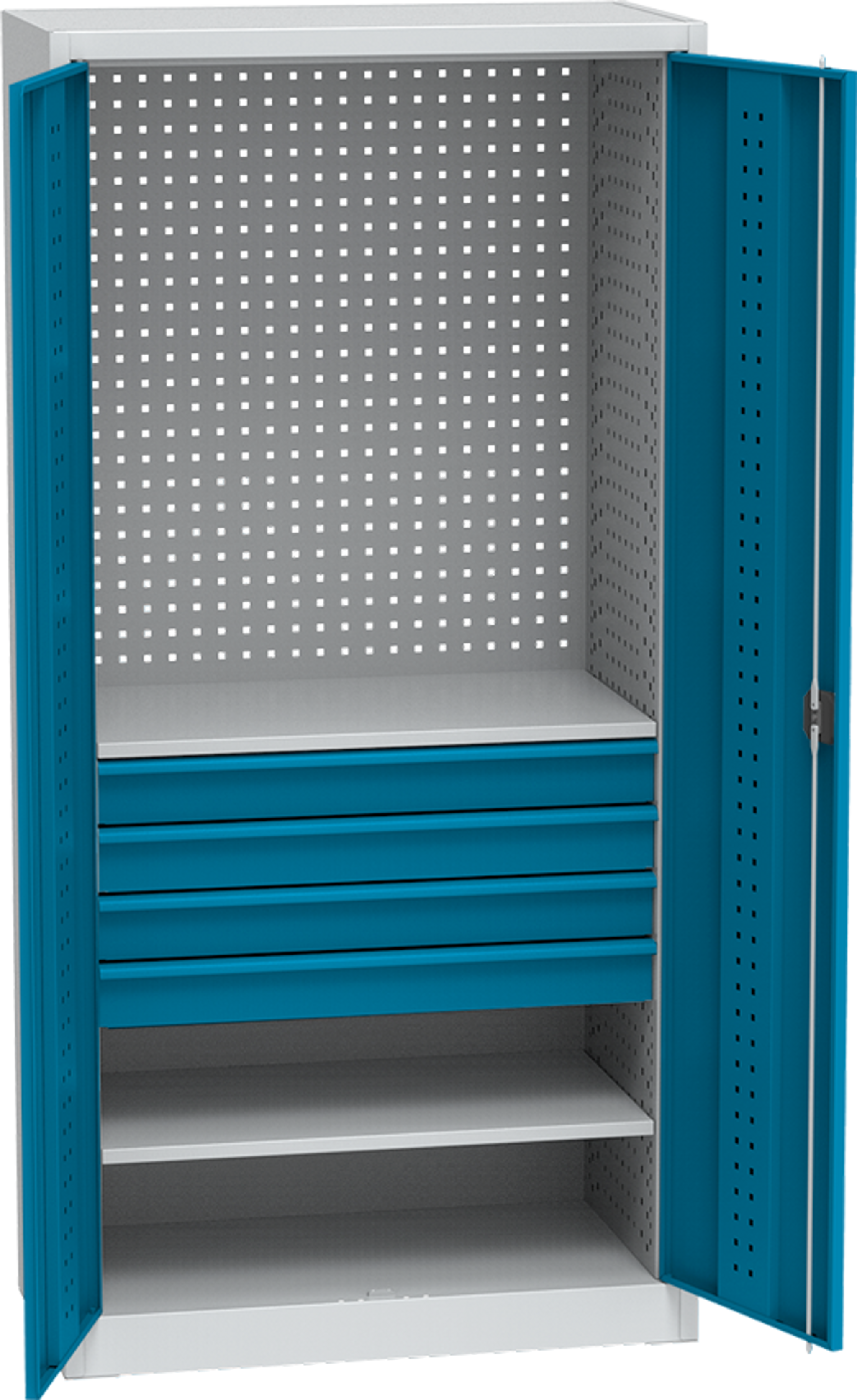 KOVOS Regal-Werkzeugschrank, 2 Fachböden, 4 Schubladen, gelocht, 950 x 500 x 1950 mm