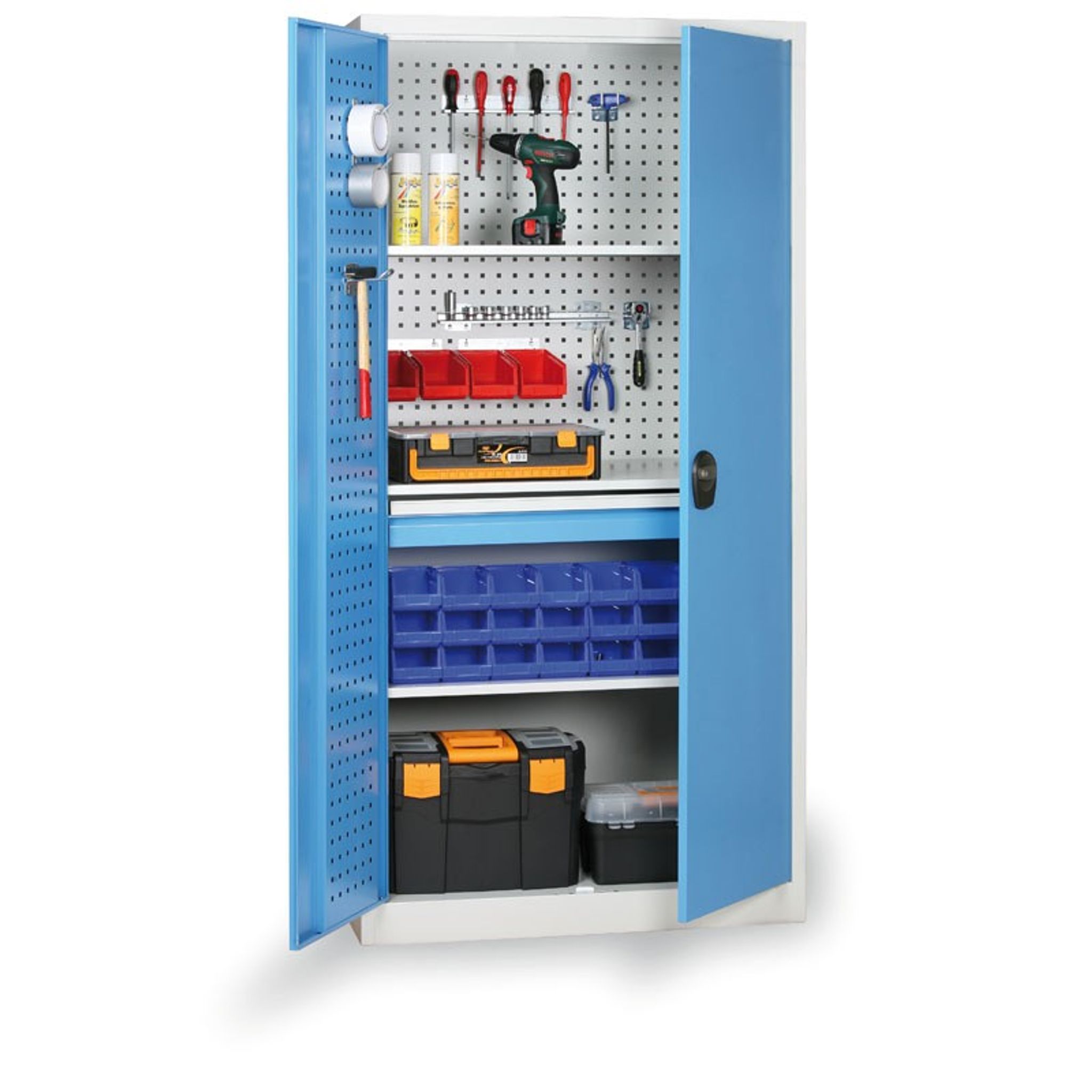 KOVOS Regal-Werkzeugschrank, 2 Fachböden, 4 Schubladen, gelocht, 950 x 600 x 1950 mm