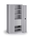 KOVOS Regal-Werkzeugschrank, 4 Fachböden, 4 Schubladen, gelocht, 950 x 600 x 1950 mm, grau