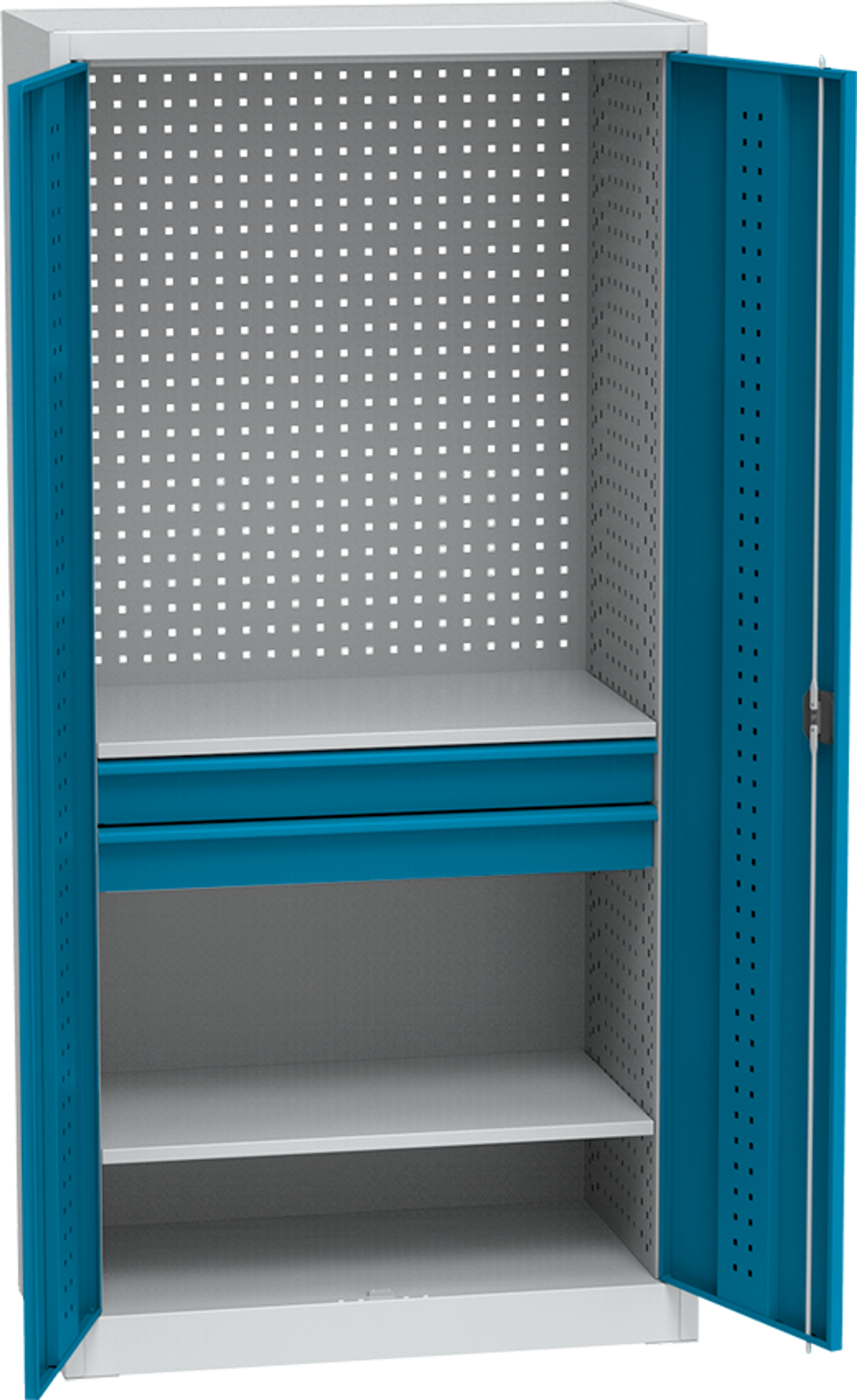 KOVOS Regal-Werkzeugschrank, Lochblech, 2 Fachböden, 2 Schubladen, 950 x 500 x 1950 mm