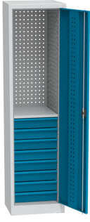 KOVOS schmaler Werkstatt-Schubladen-Werkzeugschrank, 1 Fachboden, 8 Schubladen, geschweißt, 505 x 500 x 1950 mm