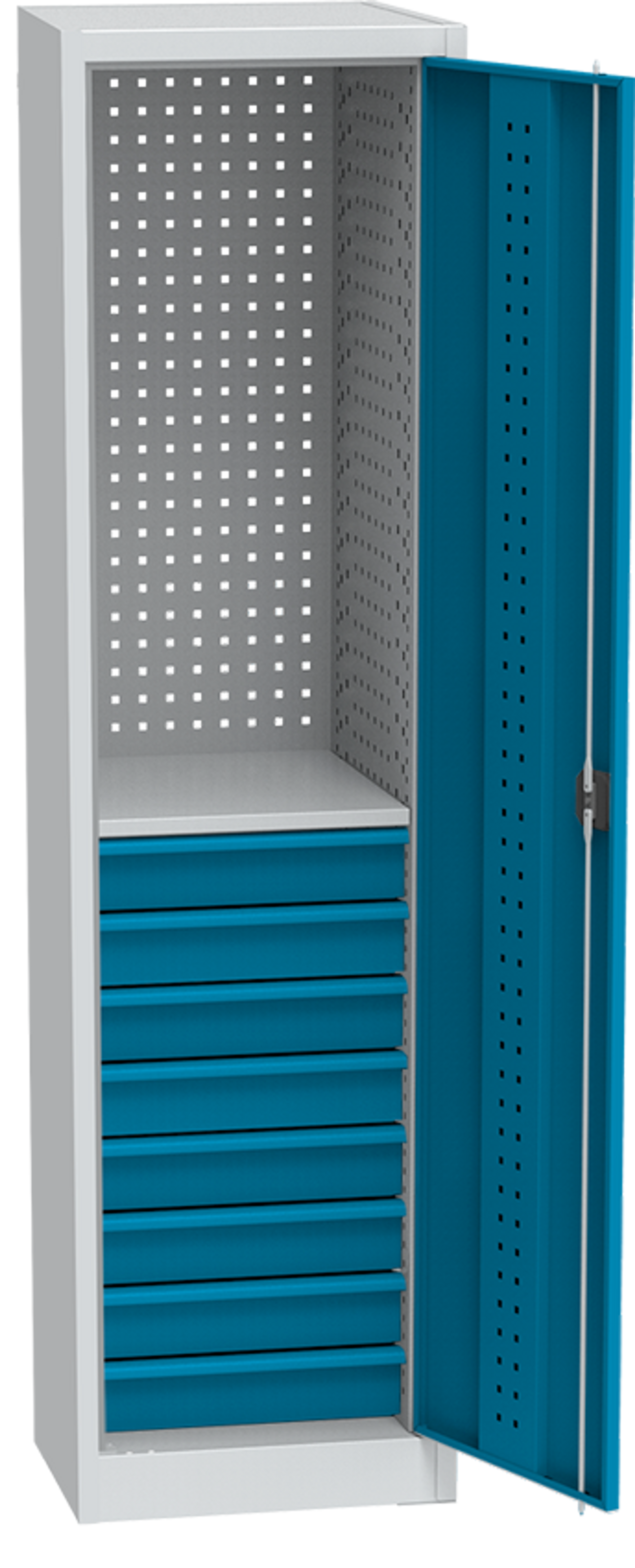 KOVOS schmaler Werkstatt-Schubladen-Werkzeugschrank, 1 Fachboden, 8 Schubladen, geschweißt, 505 x 500 x 1950 mm