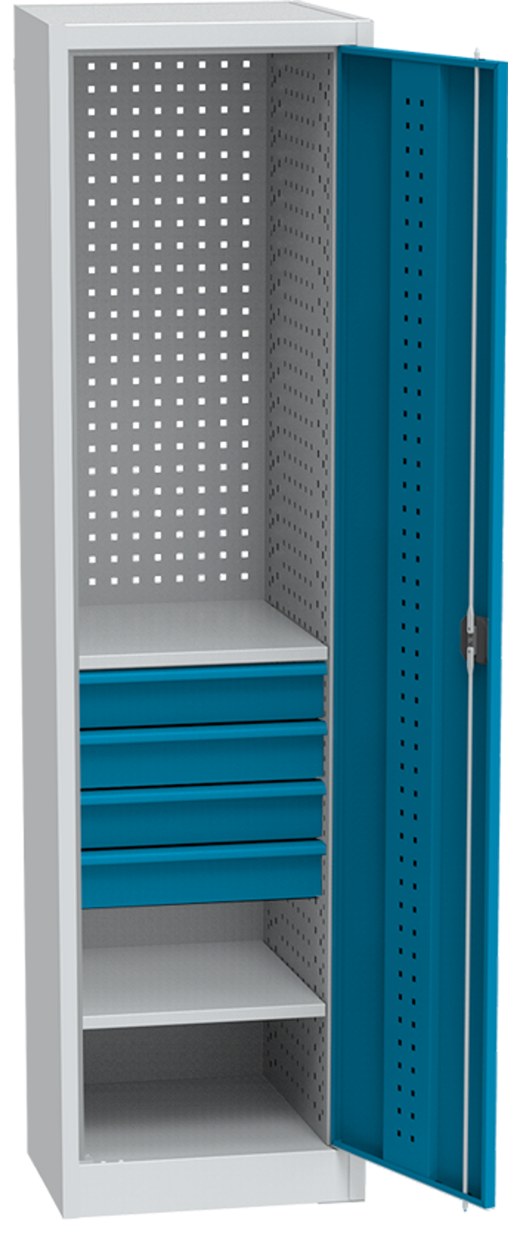 KOVOS Schmaler Werkstatt-Schubladen-Werkzeugschrank, 2 Einlegeböden, 4 Schubladen, verschweißt, 505 x 500 x 1950 mm