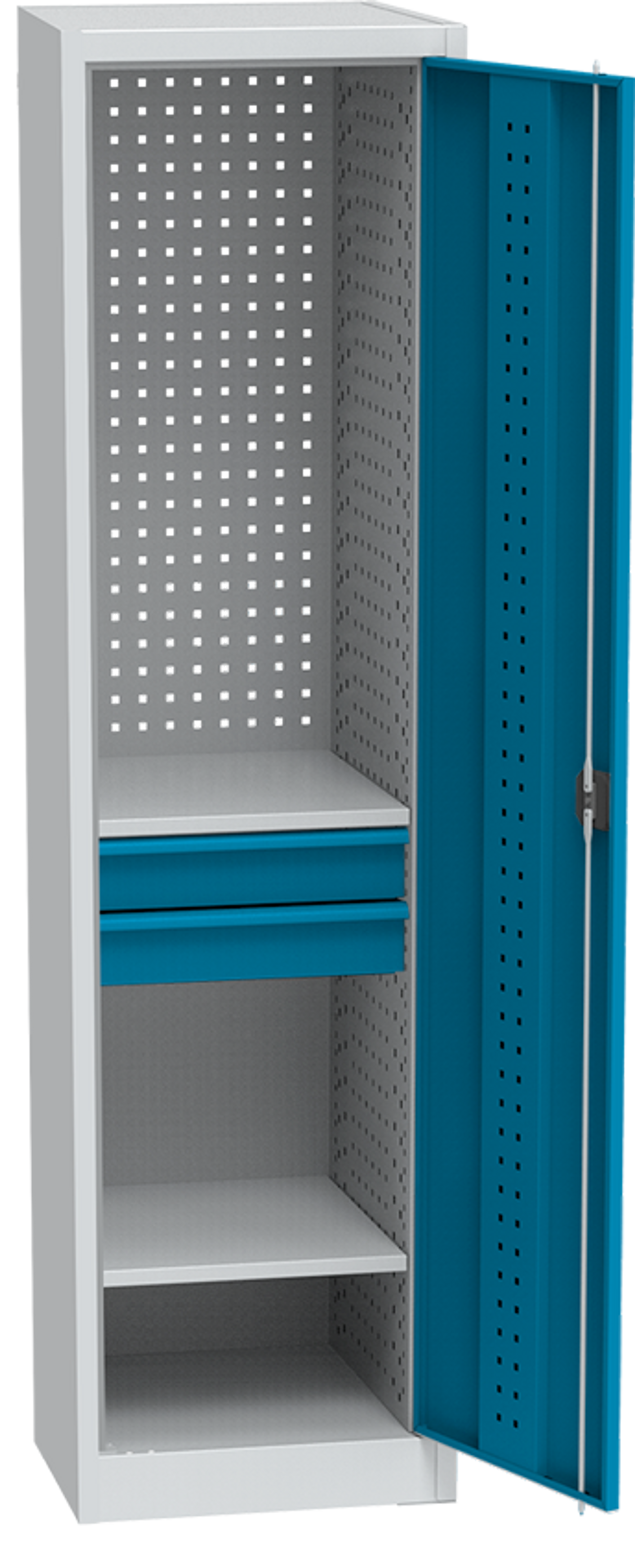 KOVOS schmaler Werkstatt-Schubladen-Werkzeugschrank, 2 Fachböden, 2 Schubladen, geschweißt, 505 x 500 x 1950 mm