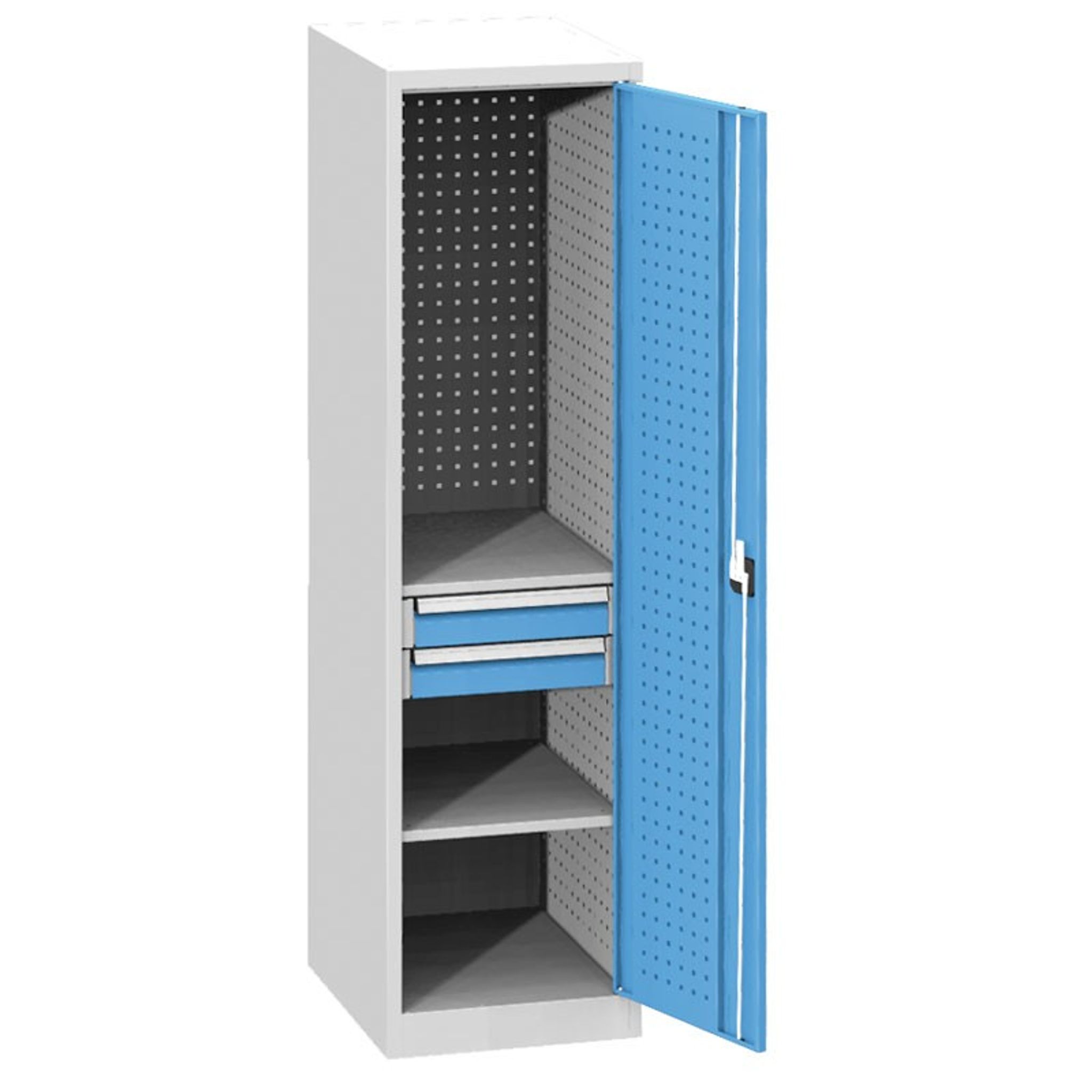 KOVOS schmaler Werkstatt-Schubladen-Werkzeugschrank, 2 Fachböden, 2 Schubladen, geschweißt, 505 x 600 x 1950 mm