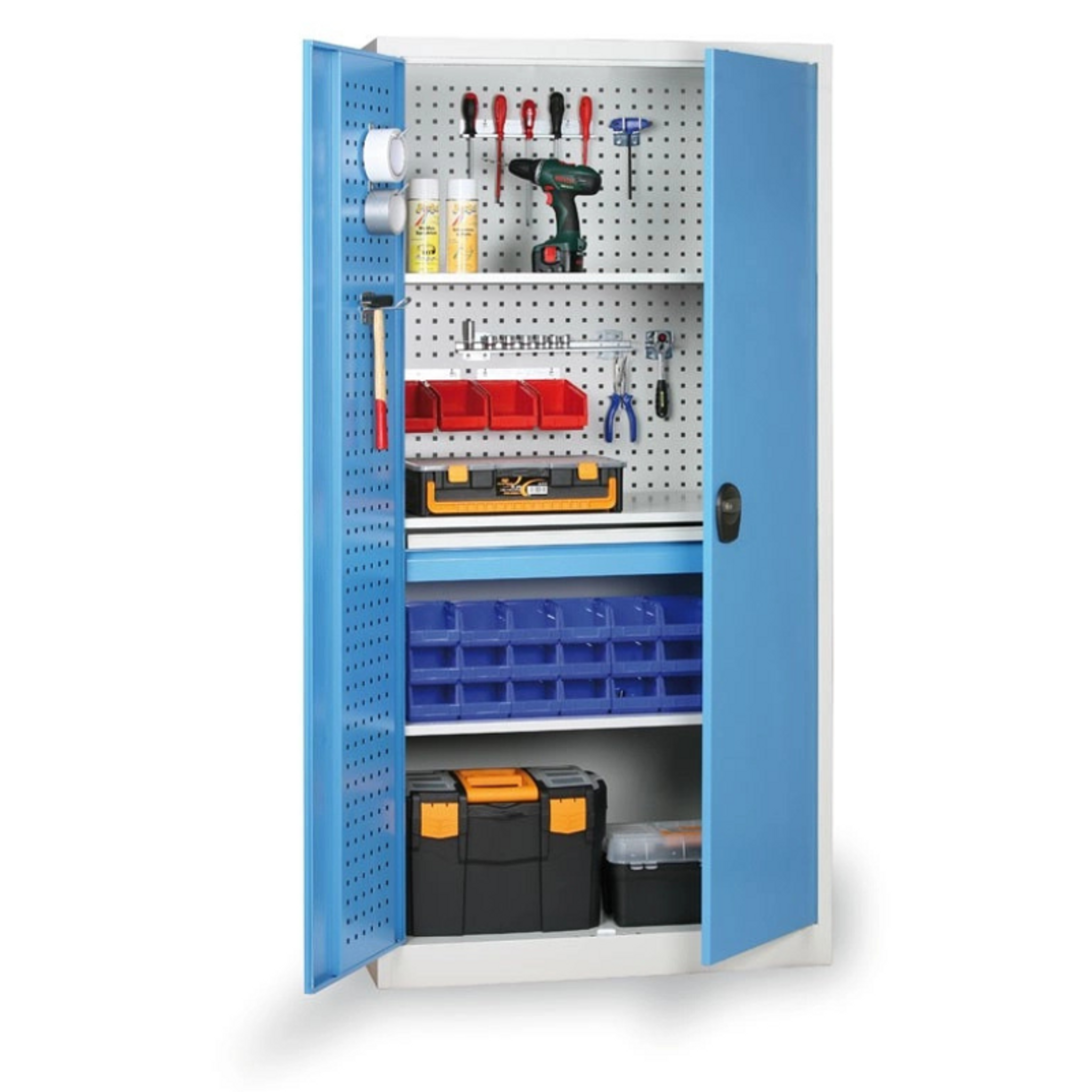 KOVOS Werkstatt-Schubladen-Werkzeugschrank, 1 Fachboden, 8 Schubladen, gelocht, 950 x 600 x 1950 mm