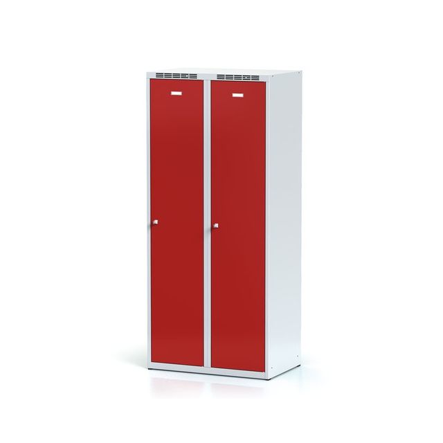 Kovová šatní skříňka s mezistěnou, 2-dveřová, červené dveře, otočný zámek