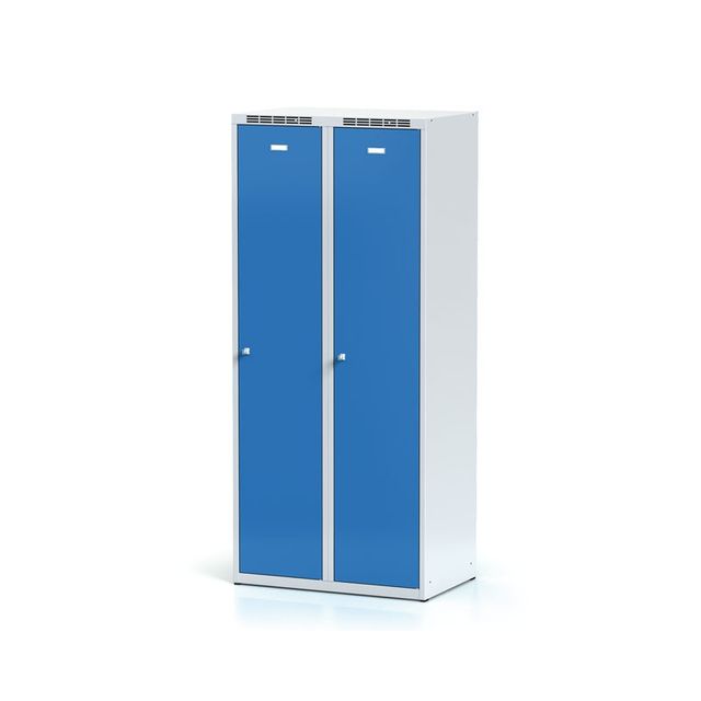 Kovová šatní skříňka s mezistěnou, 2-dveřová, modré dveře, cylindrický zámek