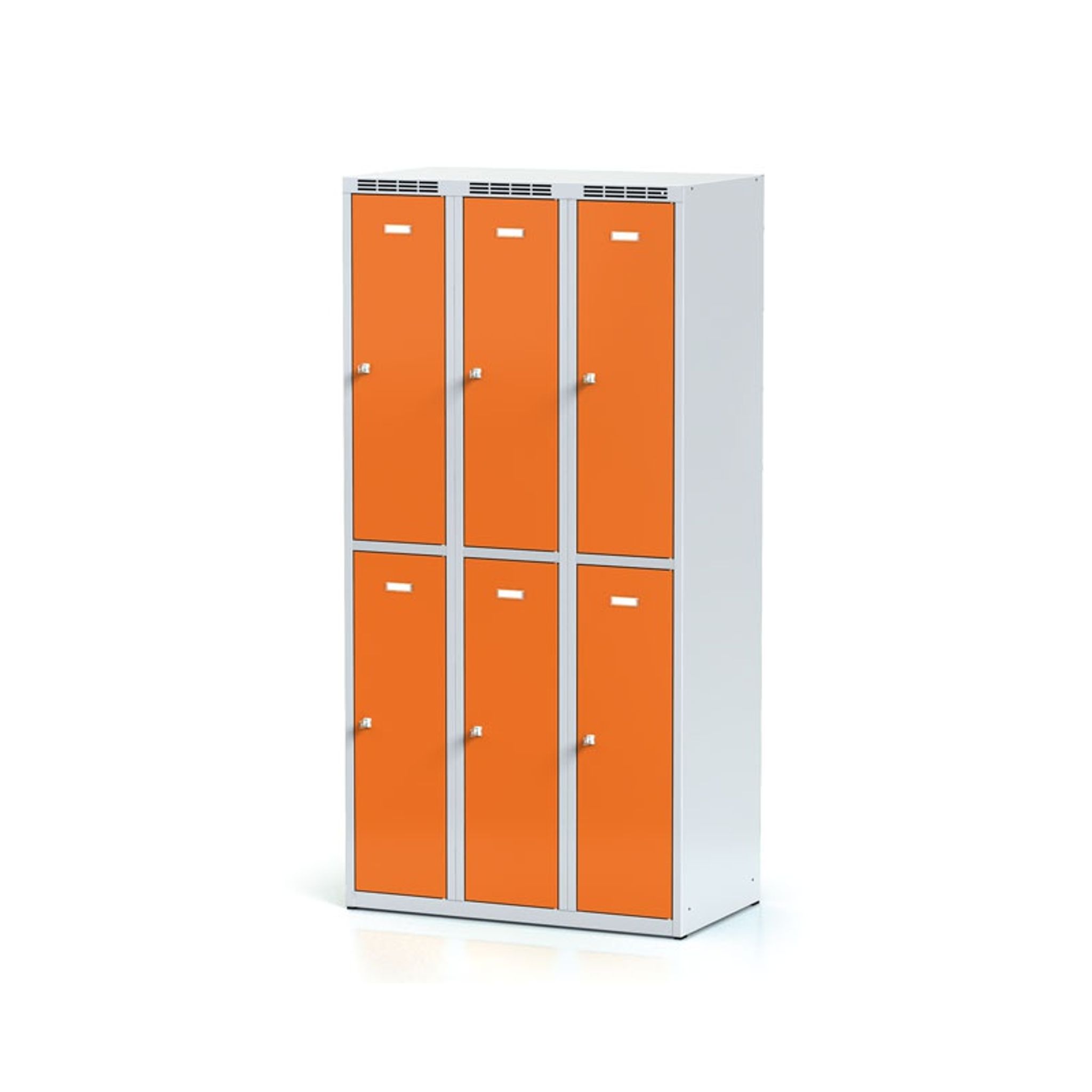 Kovová šatní skříňka s úložnými boxy, 6 boxů, oranžové dveře, otočný zámek