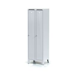 Kovová šatní skříňka S6 na nohách, 2 oddíly, 1920 x 600 x 500 mm, otočný zámek, šedé dvouplášťové dveře