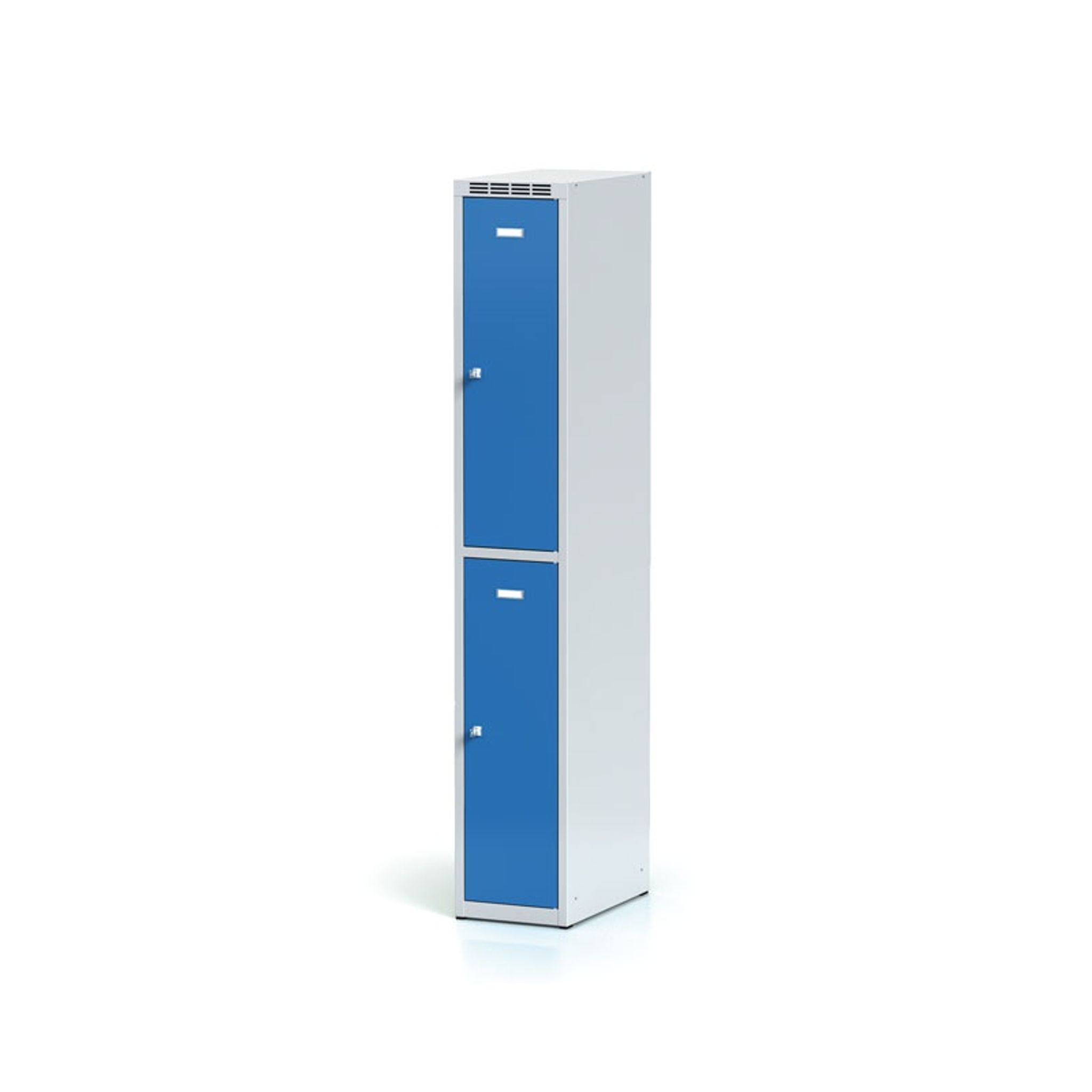 Kovová šatní skříňka S6 s úložnými boxy, 2 boxy, 1800 x 300 x 500 mm, cylindrický zámek, modré dveře