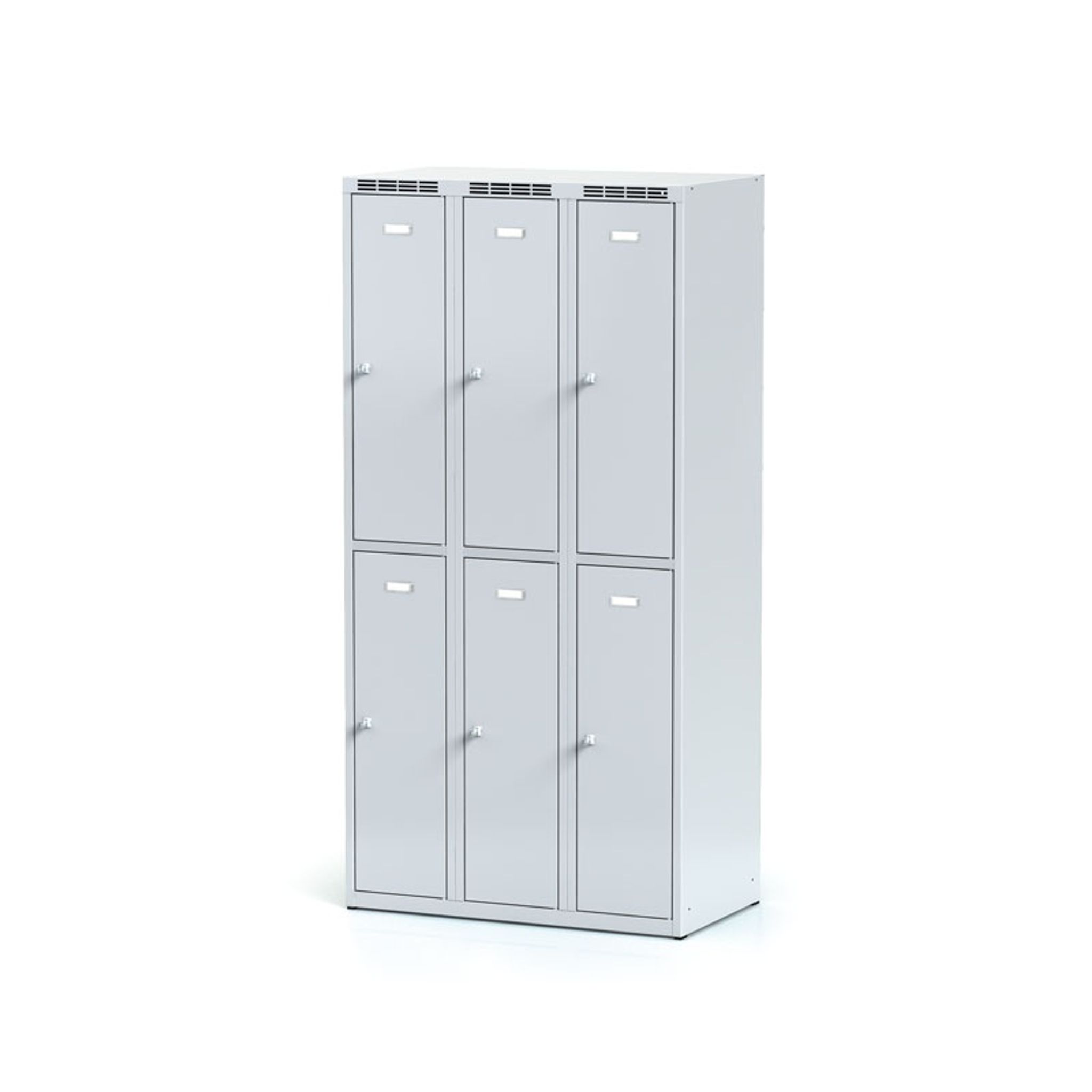 Kovová šatní skříňka S6 s úložnými boxy, 6 boxů, 1800 x 900 x 500 mm, otočný zámek, šedé dveře