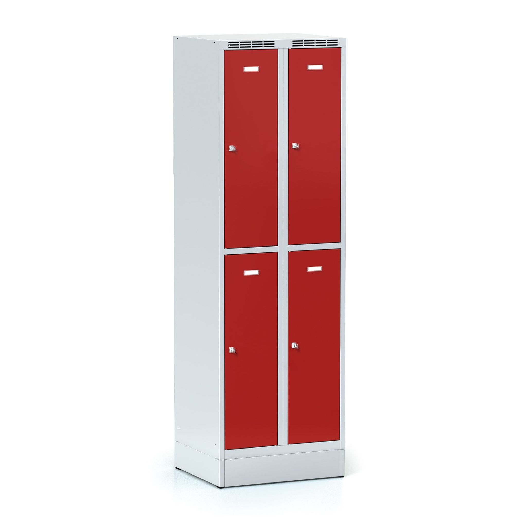 Kovová šatní skříňka S6 s úložnými boxy na soklu, 4 boxy, 1920 x 600 x 500 mm, cylindrický zámek, červené dveře
